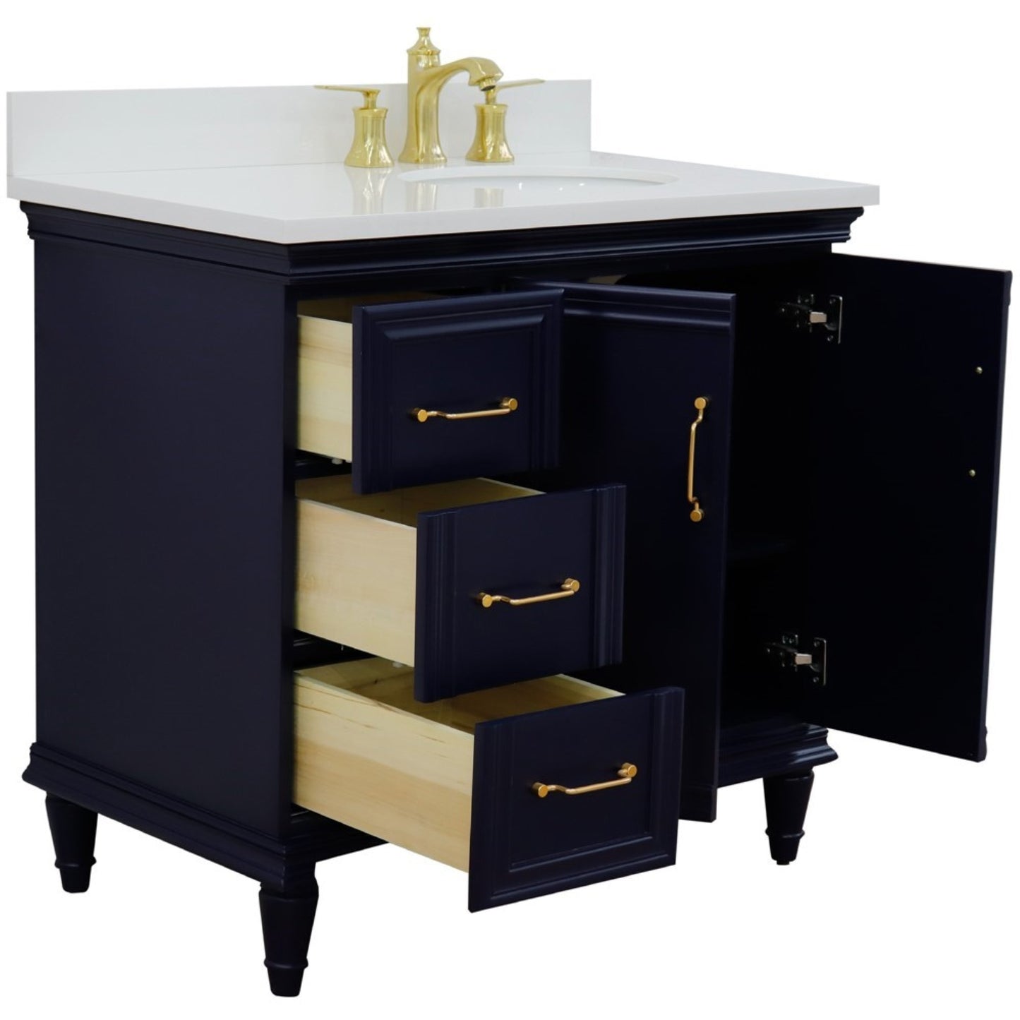 37" Single vanity in Blue finish with White engineered stone and oval sink Right door/Right sink