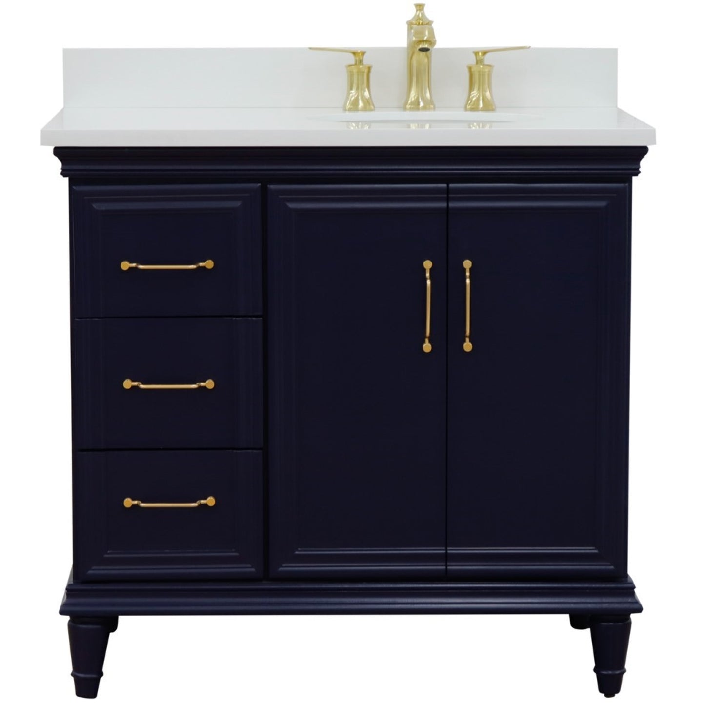 37" Single vanity in Blue finish with White engineered stone and oval sink Right door/Right sink