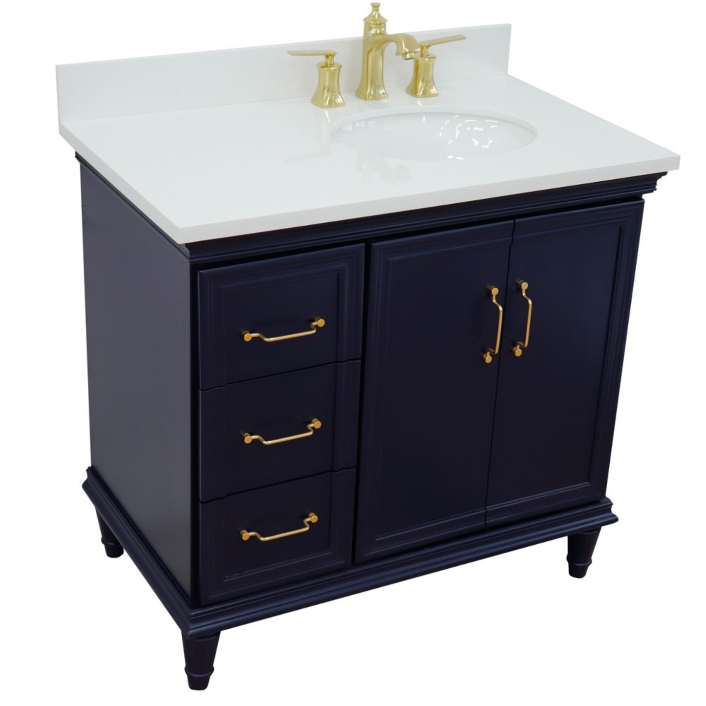 37" Single vanity in Blue finish with White engineered stone and oval sink Right door/Right sink