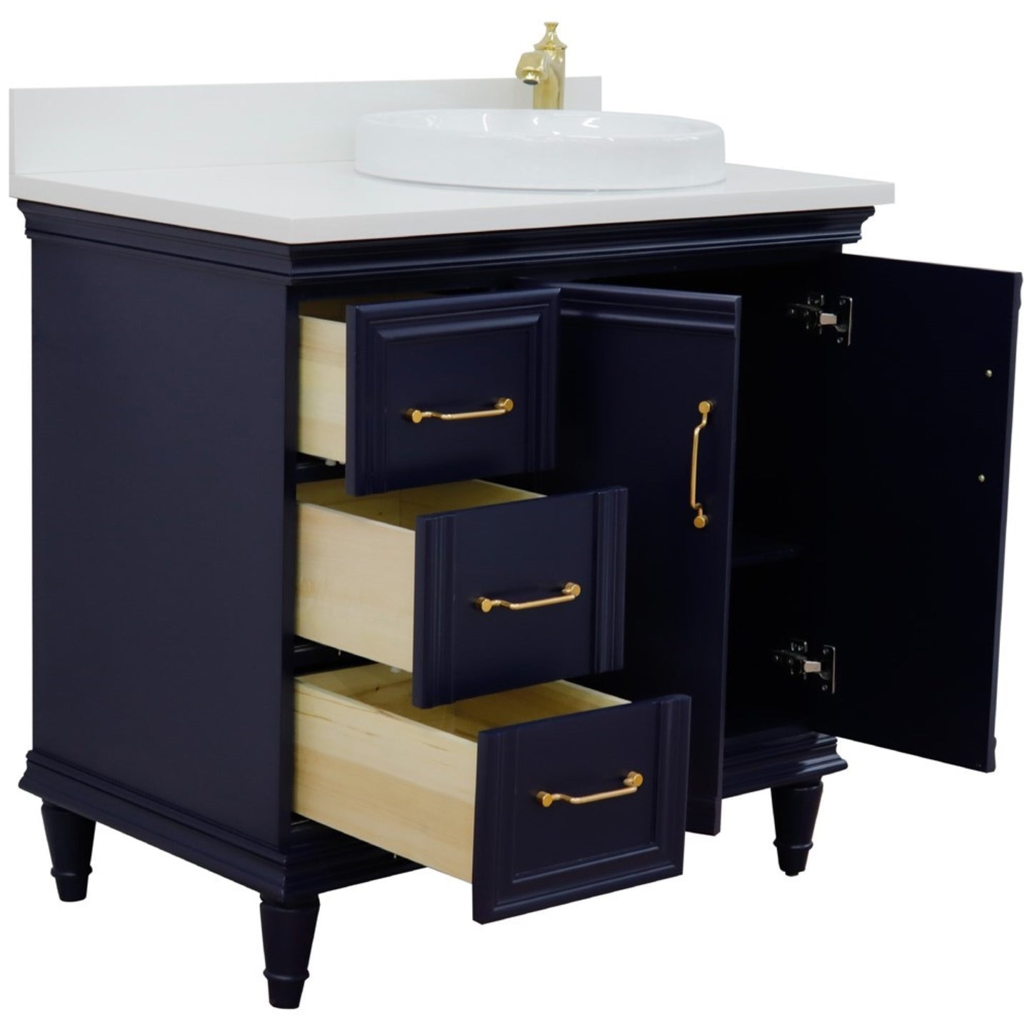 37" Single vanity in Blue finish with White engineered stone and round sink Right door/Right sink
