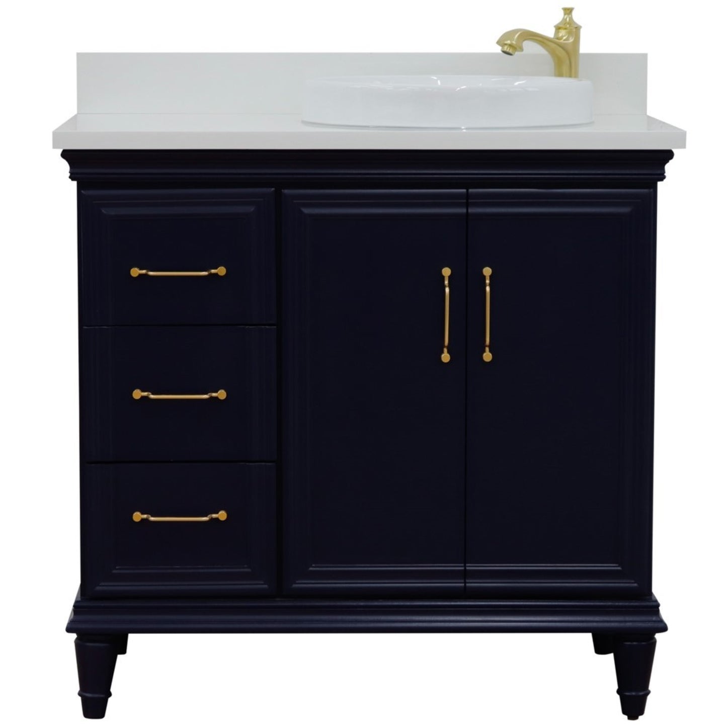 37" Single vanity in Blue finish with White engineered stone and round sink Right door/Right sink