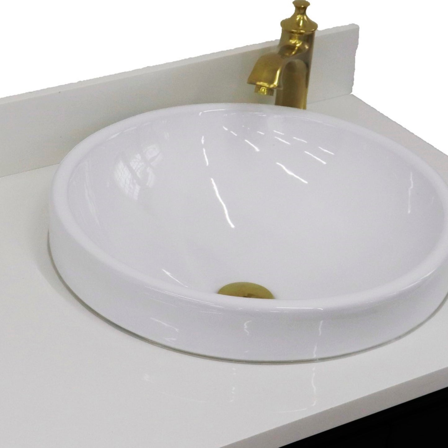 37" Single vanity in Blue finish with White engineered stone and round sink Right door/Right sink