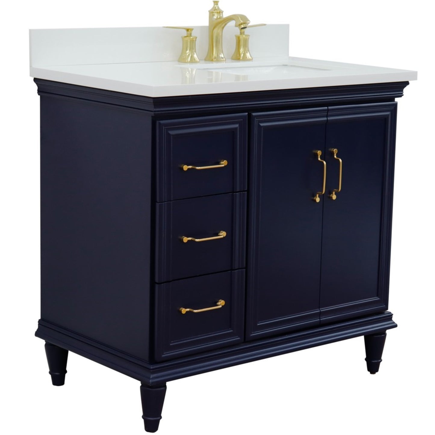 37" Single vanity in Blue finish with White engineered stone and rectangle sink Right door/Right sink