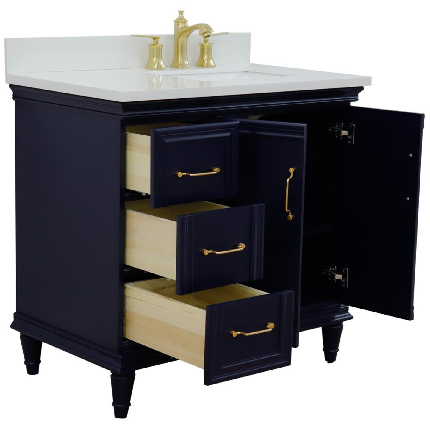 37" Single vanity in Blue finish with White engineered stone and rectangle sink Right door/Right sink