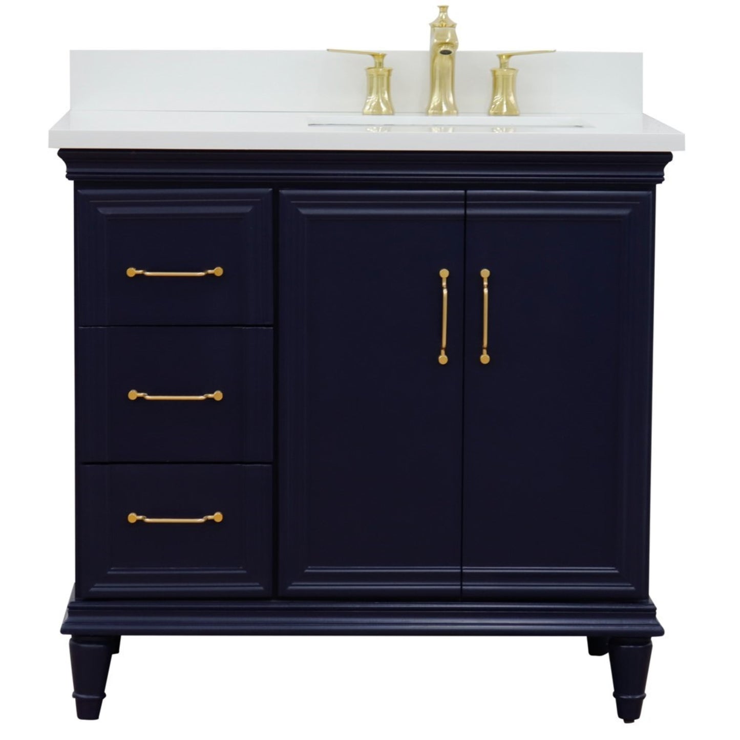 37" Single vanity in Blue finish with White engineered stone and rectangle sink Right door/Right sink