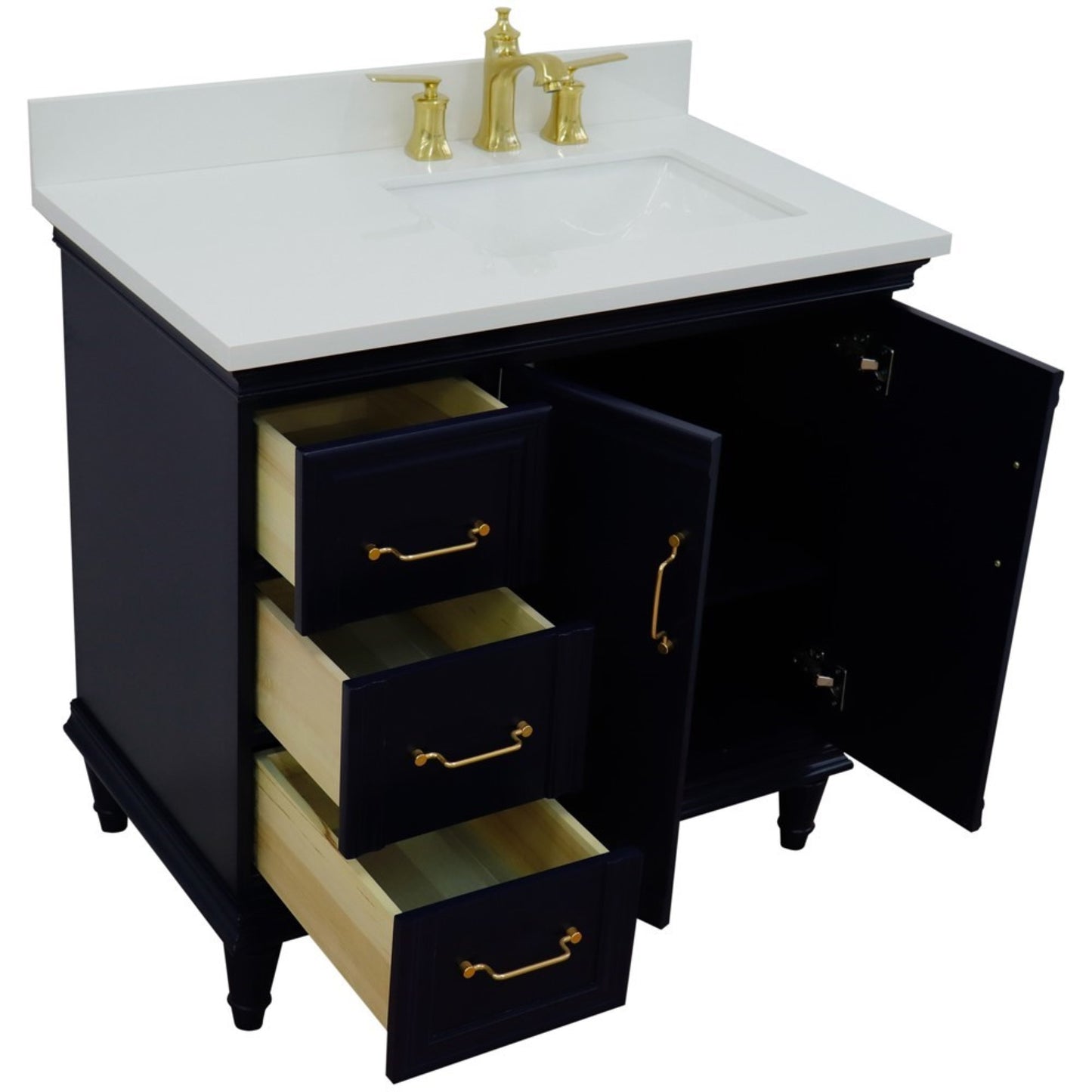 37" Single vanity in Blue finish with White engineered stone and rectangle sink Right door/Right sink