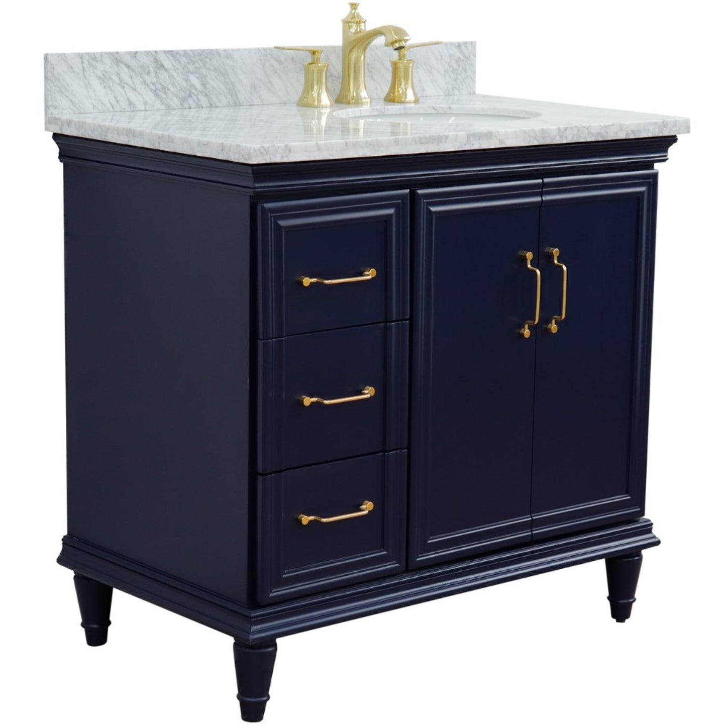 37" Single vanity in Blue finish with White Carrara and oval sink Right door/Right sink