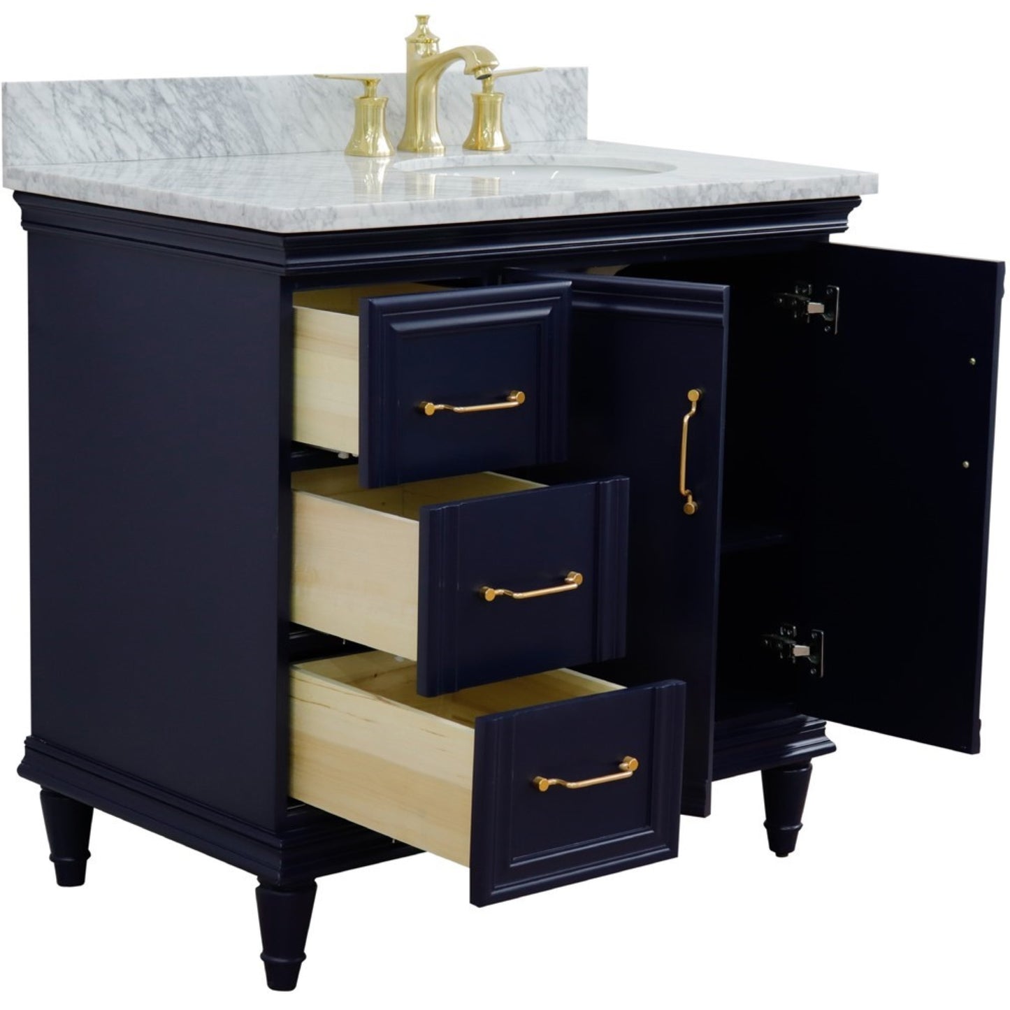 37" Single vanity in Blue finish with White Carrara and oval sink Right door/Right sink