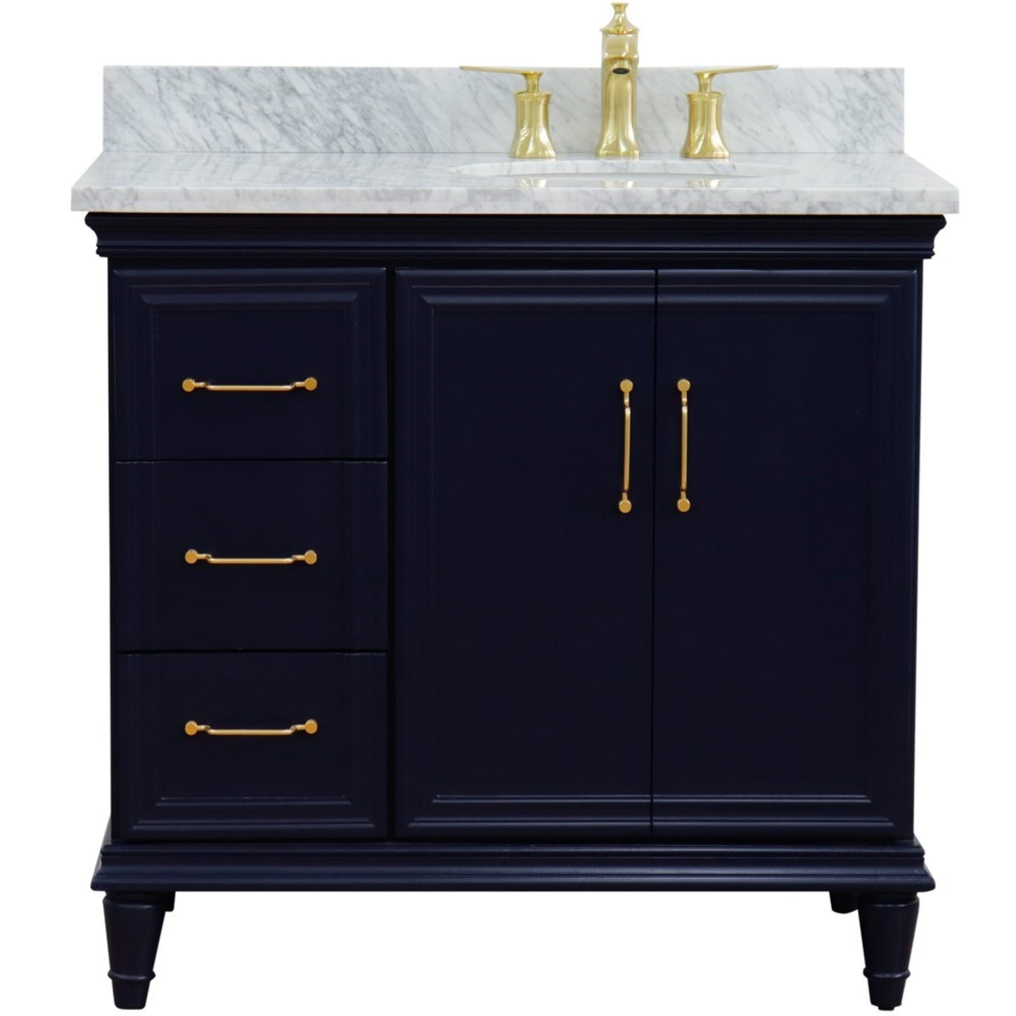 37" Single vanity in Blue finish with White Carrara and oval sink Right door/Right sink
