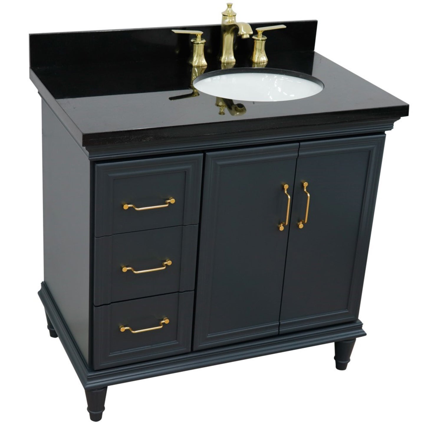 37" Single vanity in Dark Gray finish with Black galaxy and oval sink Right door/Right sink