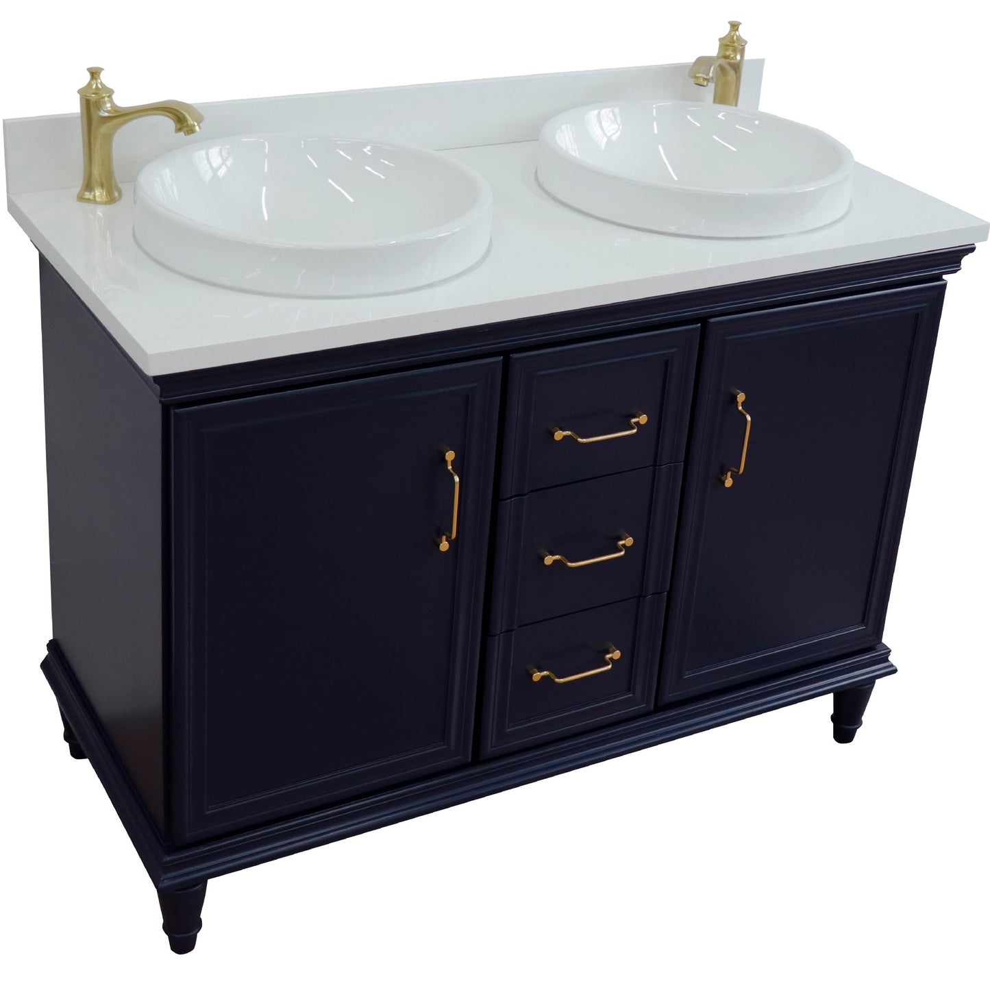 49" Double vanity in Blue finish with White engineered stone and round sink