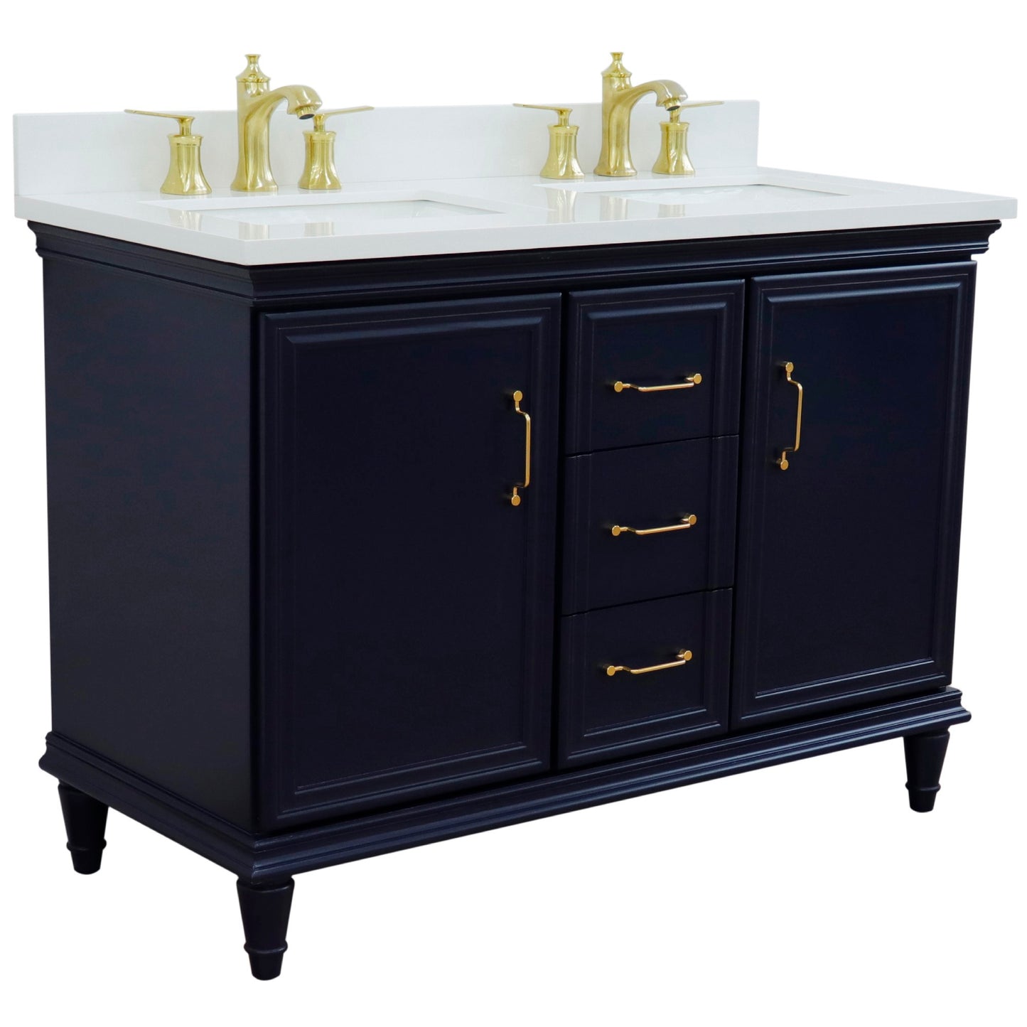 49" Double vanity in Blue finish with White engineered stone and rectangle sink
