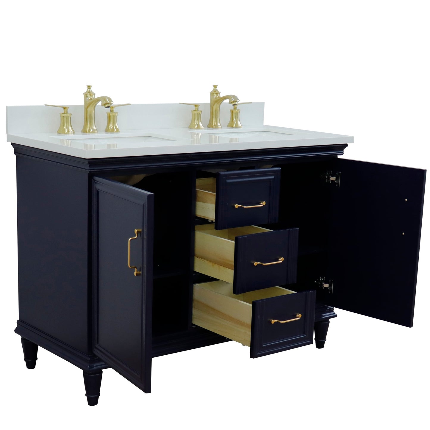 49" Double vanity in Blue finish with White engineered stone and rectangle sink