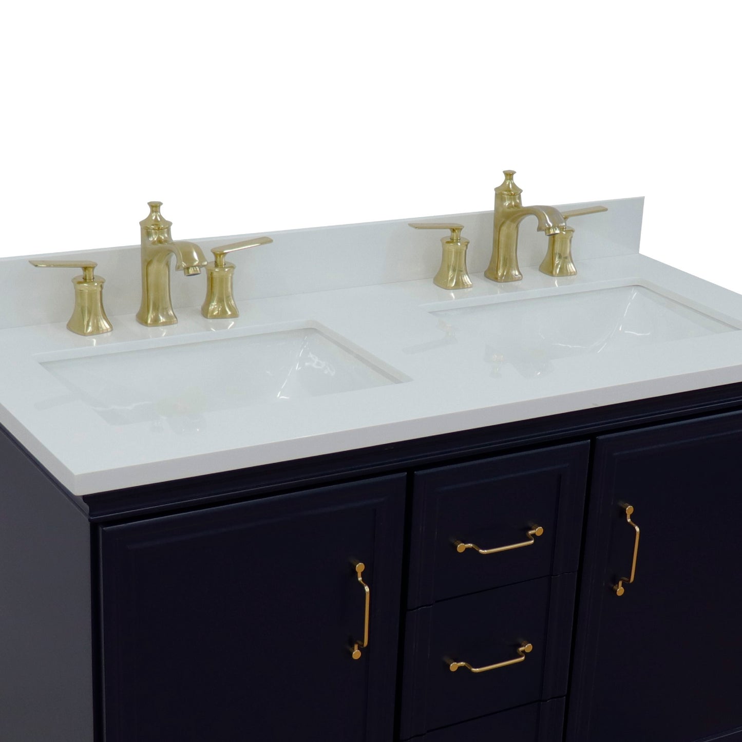 49" Double vanity in Blue finish with White engineered stone and rectangle sink