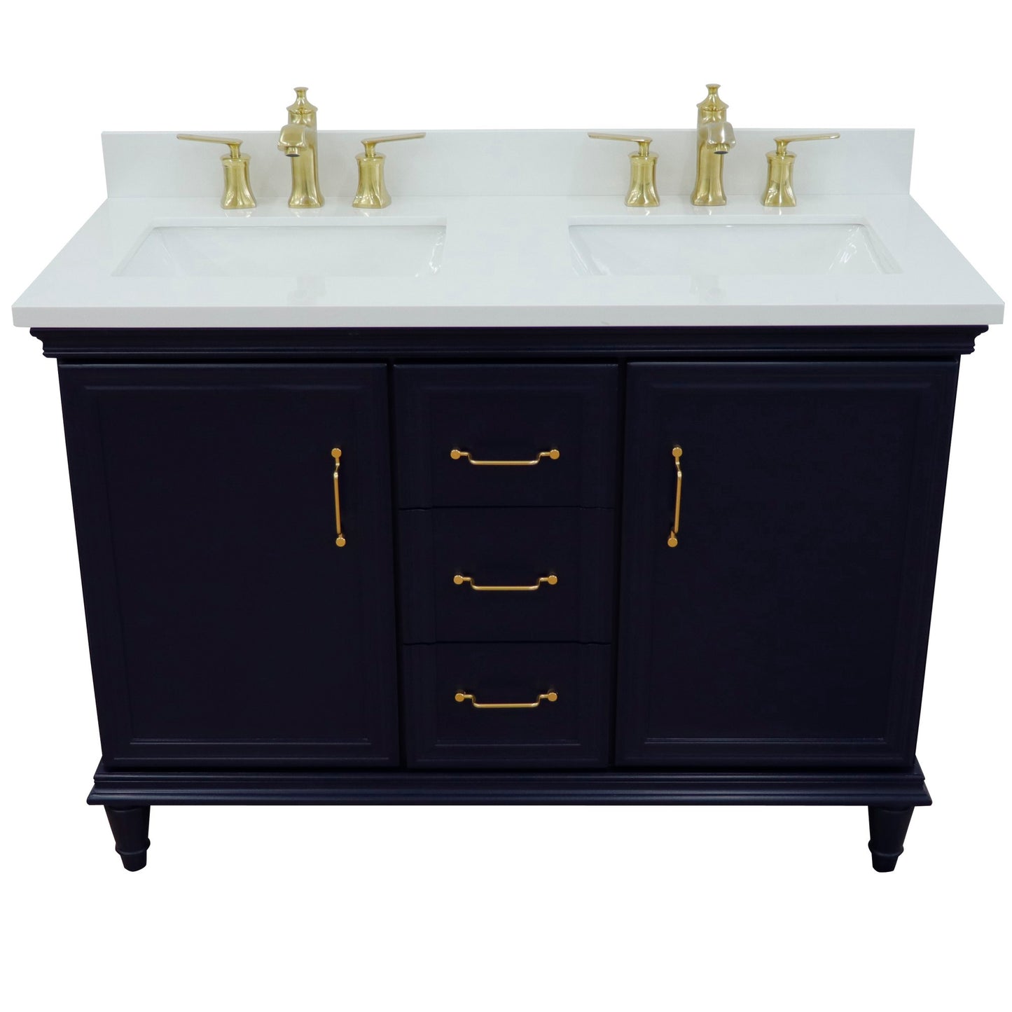 49" Double vanity in Blue finish with White engineered stone and rectangle sink
