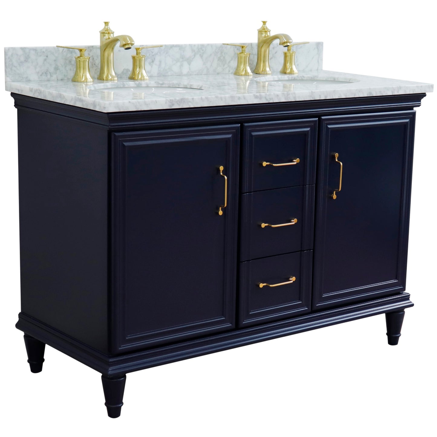49" Double vanity in Blue finish with White Carrara and oval sink