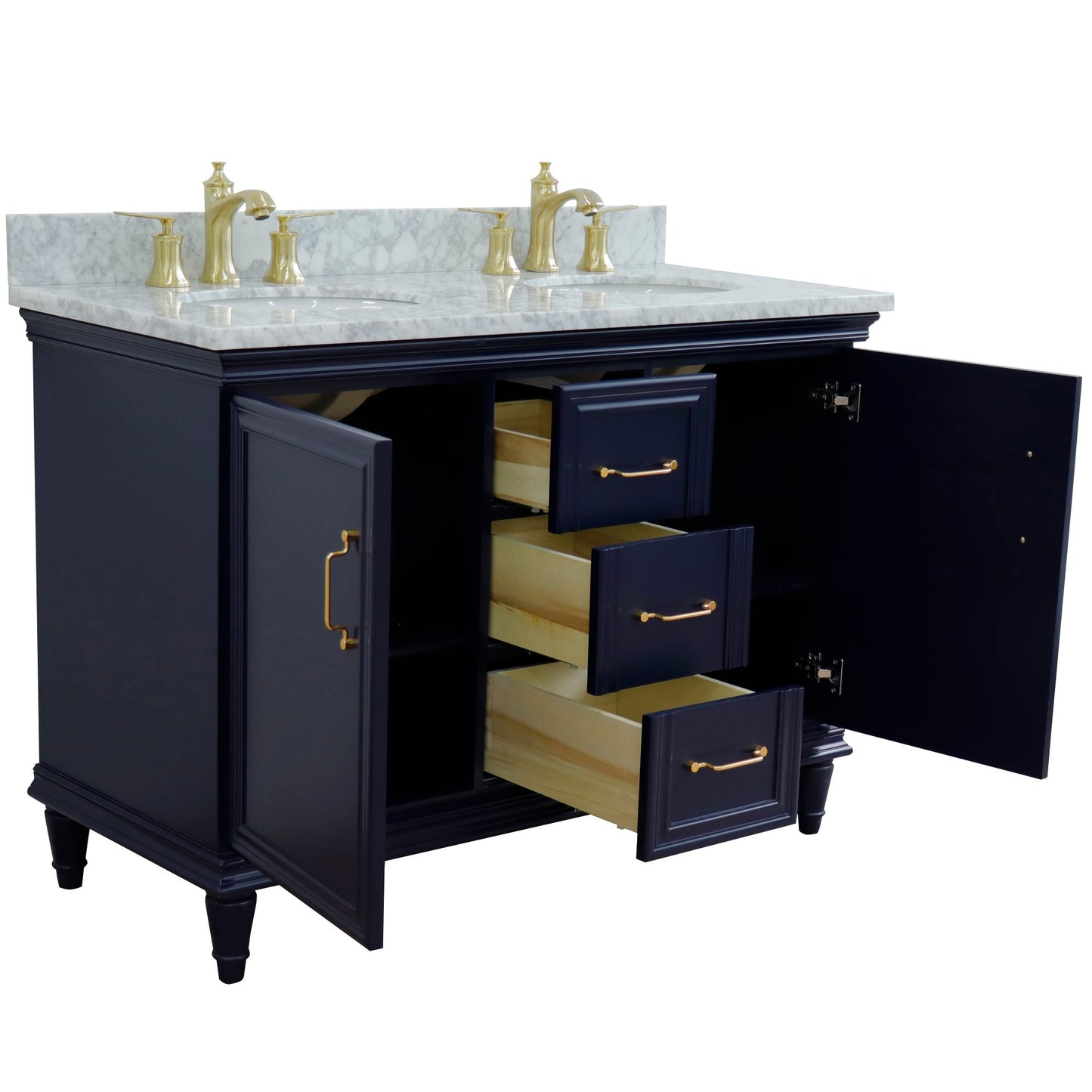 49" Double vanity in Blue finish with White Carrara and oval sink