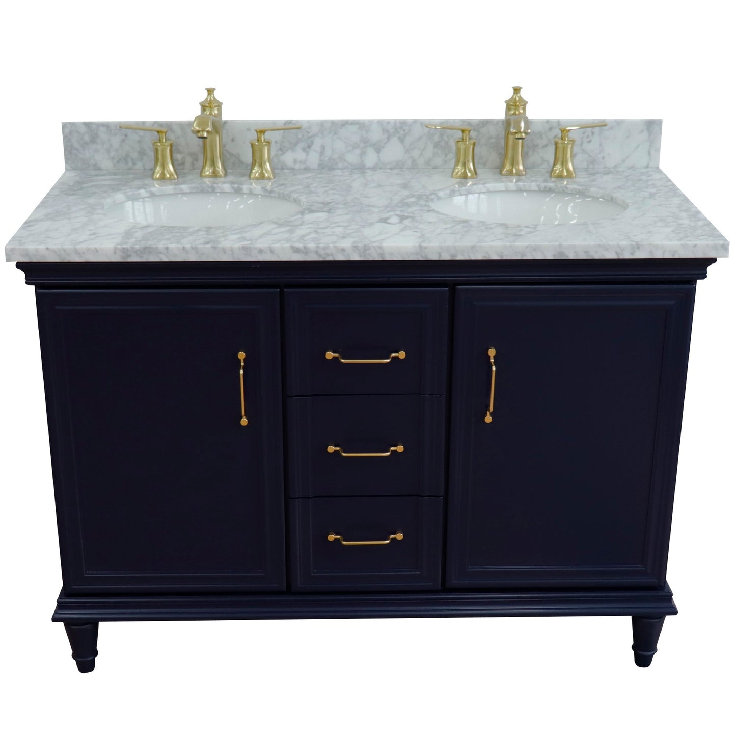 49" Double vanity in Blue finish with White Carrara and oval sink