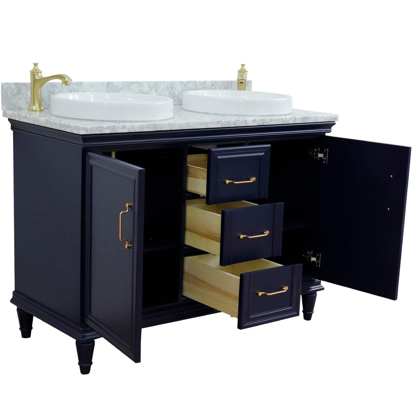 49" Double vanity in Blue finish with White Carrara and round sink