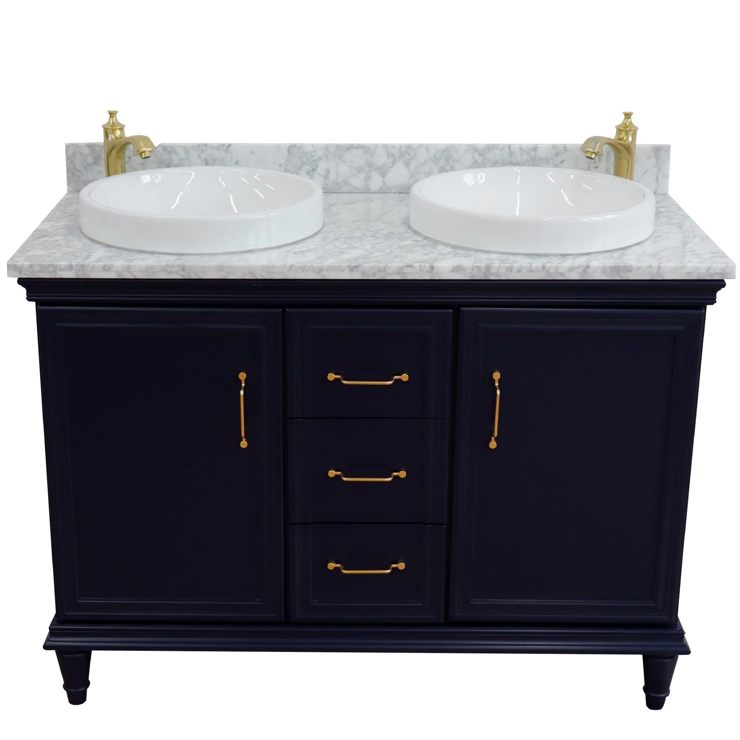 49" Double vanity in Blue finish with White Carrara and round sink