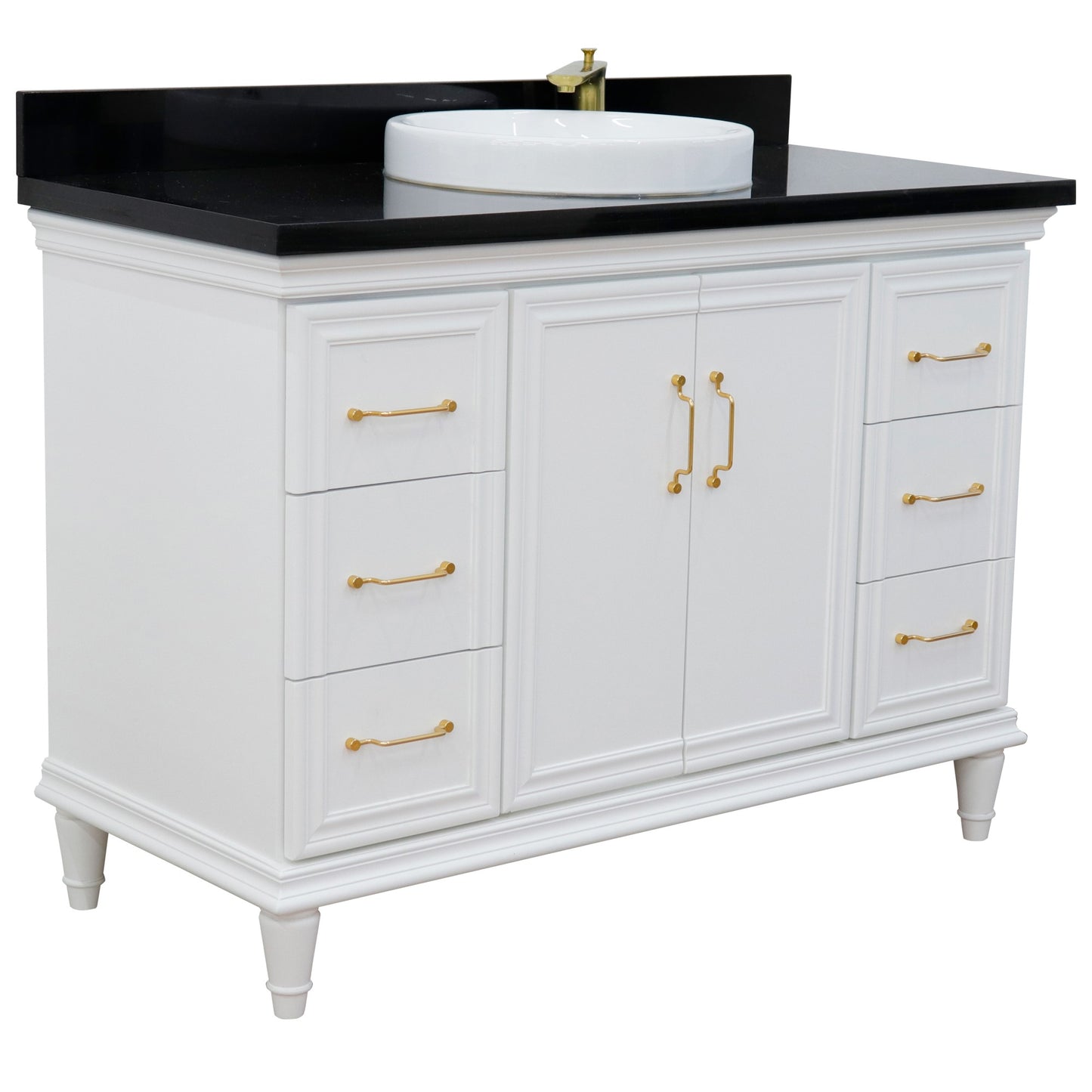 49" Single sink vanity in White finish with Black galaxy granite and round sink