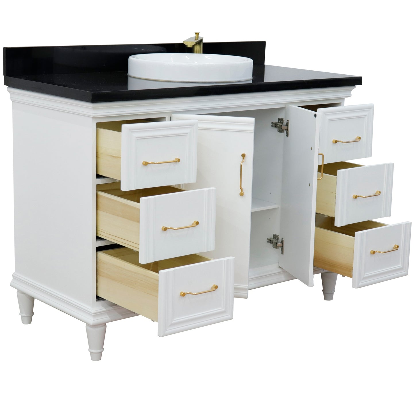 49" Single sink vanity in White finish with Black galaxy granite and round sink