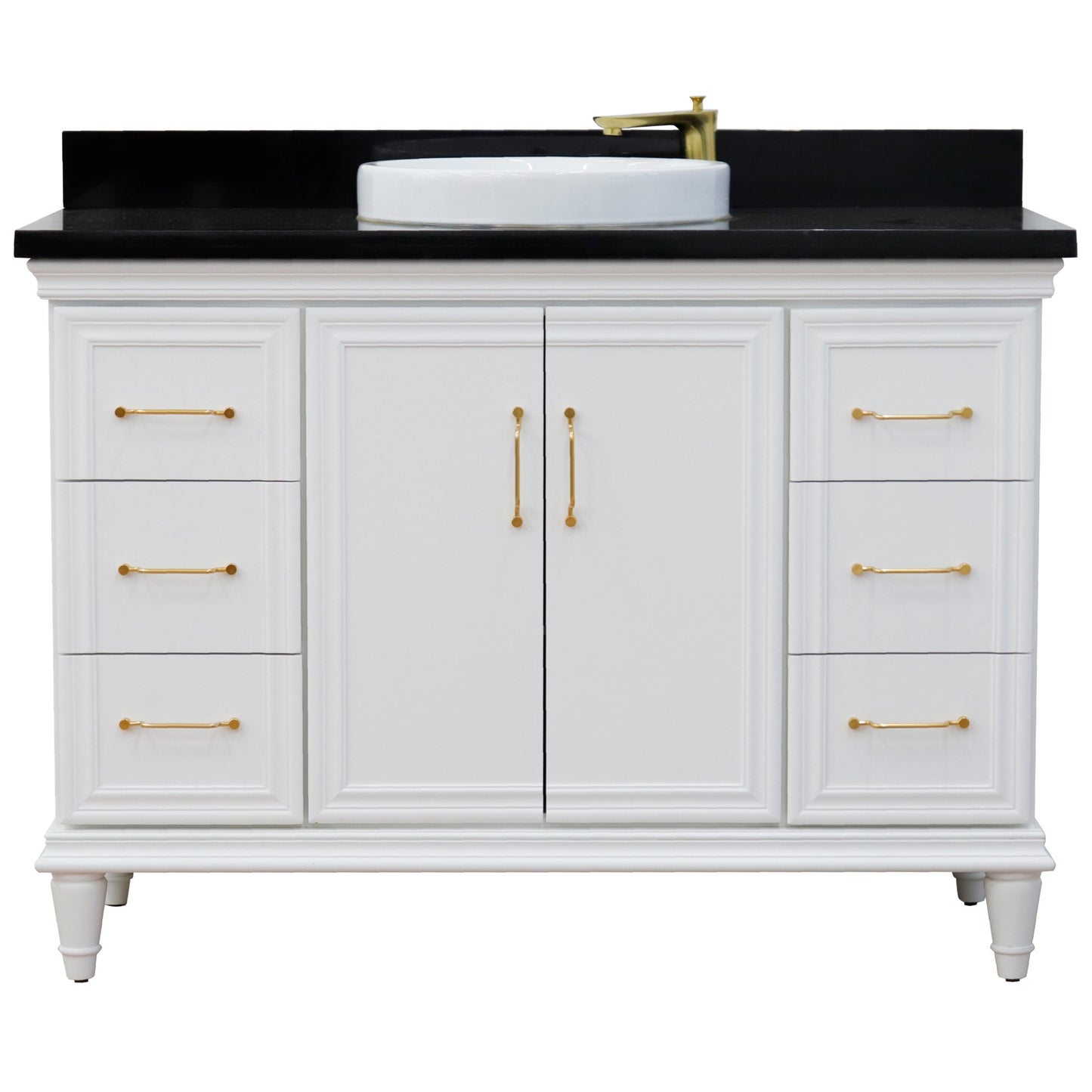 49" Single sink vanity in White finish with Black galaxy granite and round sink