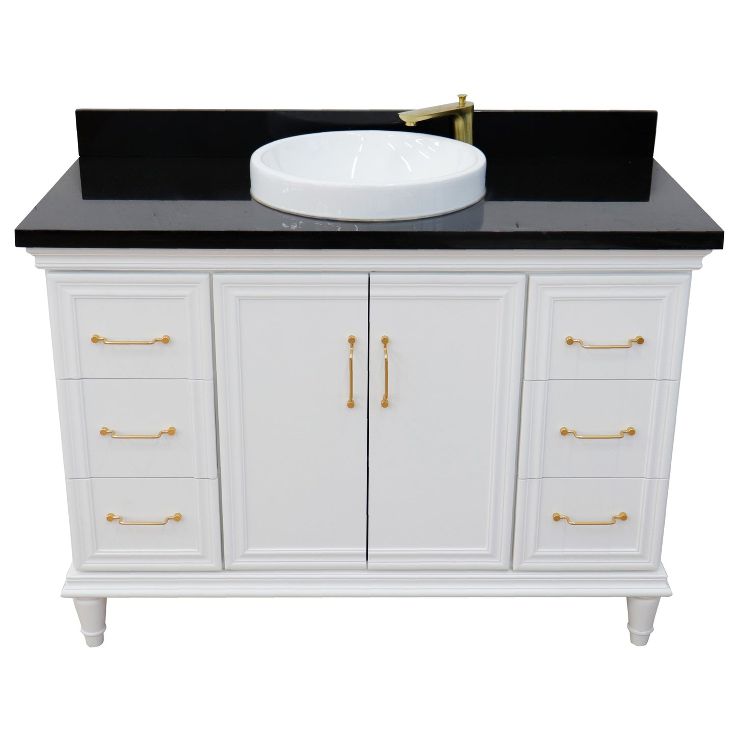 49" Single sink vanity in White finish with Black galaxy granite and round sink