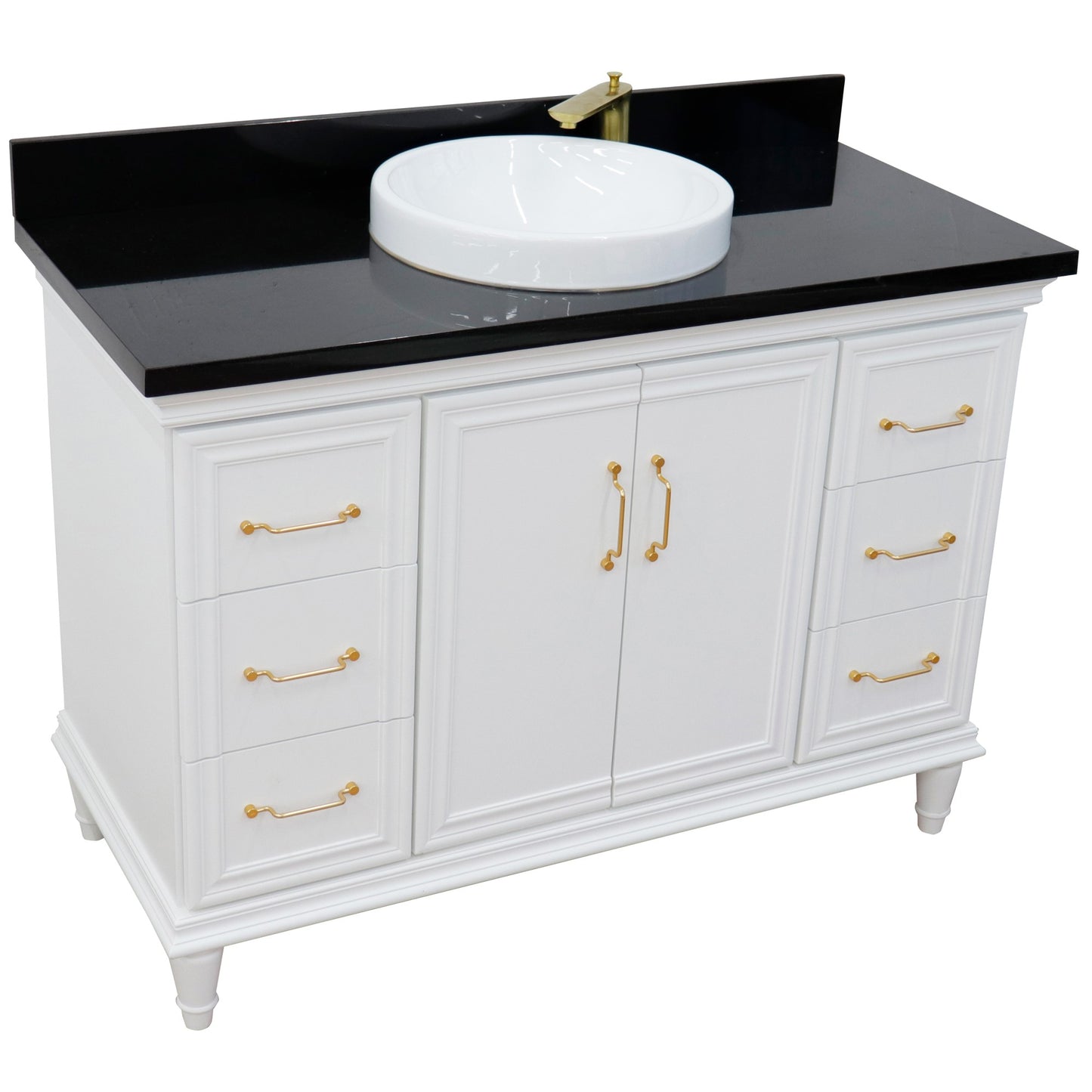 49" Single sink vanity in White finish with Black galaxy granite and round sink