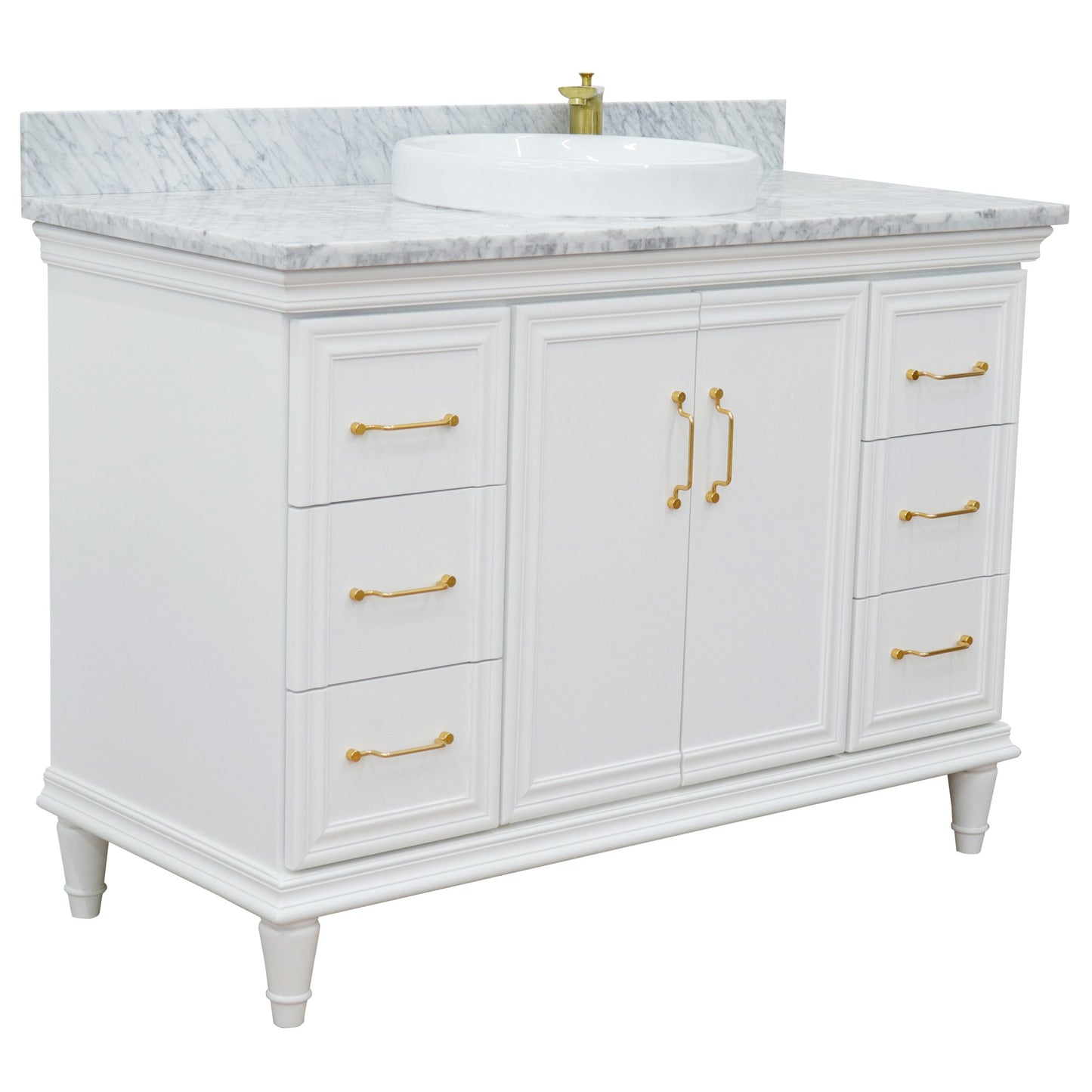 49" Single sink vanity in White finish with White carrara marble and round sink
