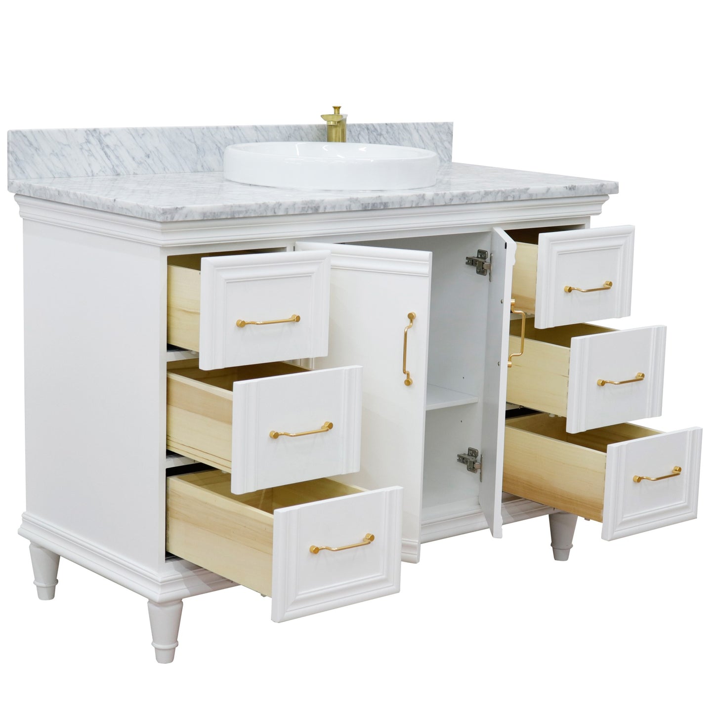 49" Single sink vanity in White finish with White carrara marble and round sink