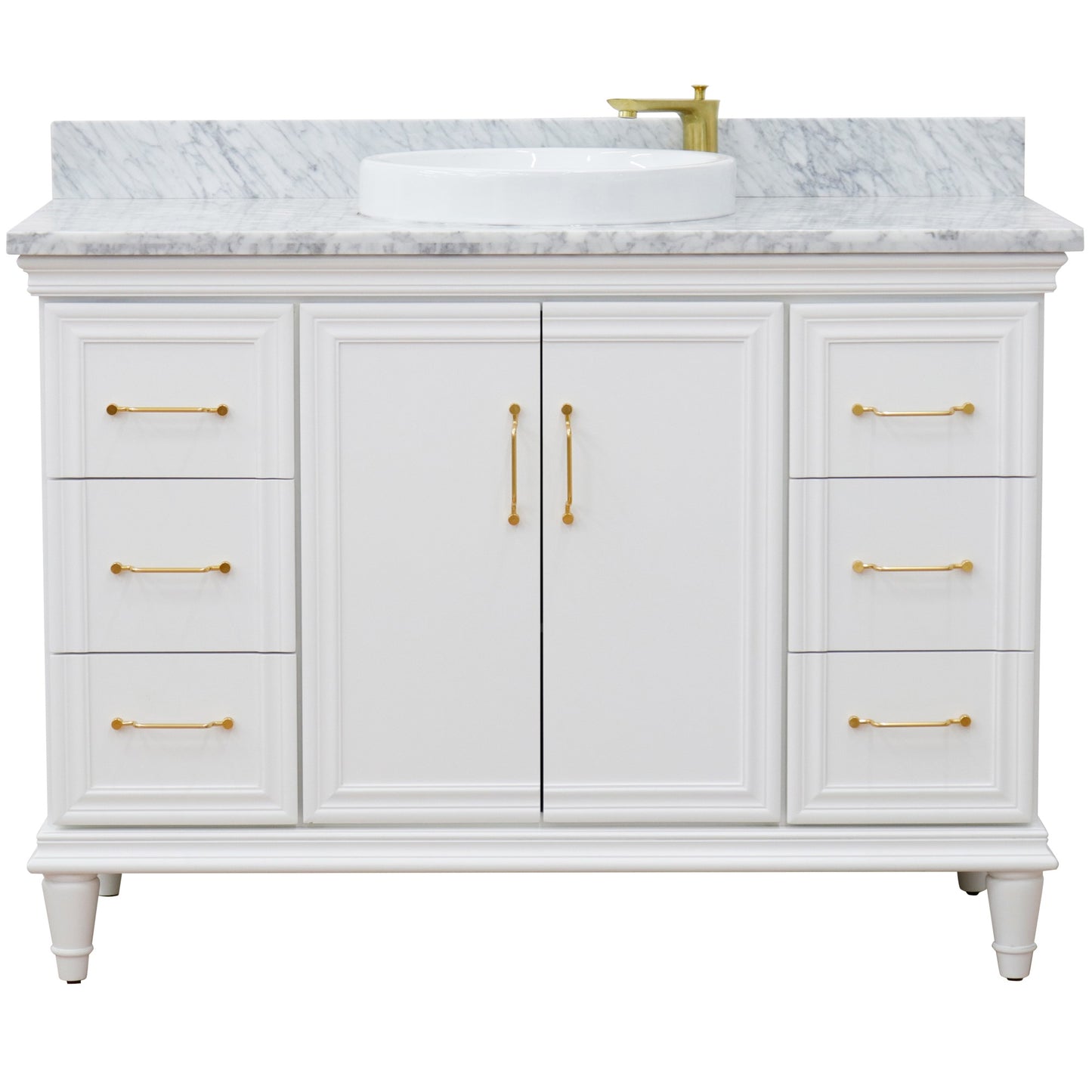 49" Single sink vanity in White finish with White carrara marble and round sink