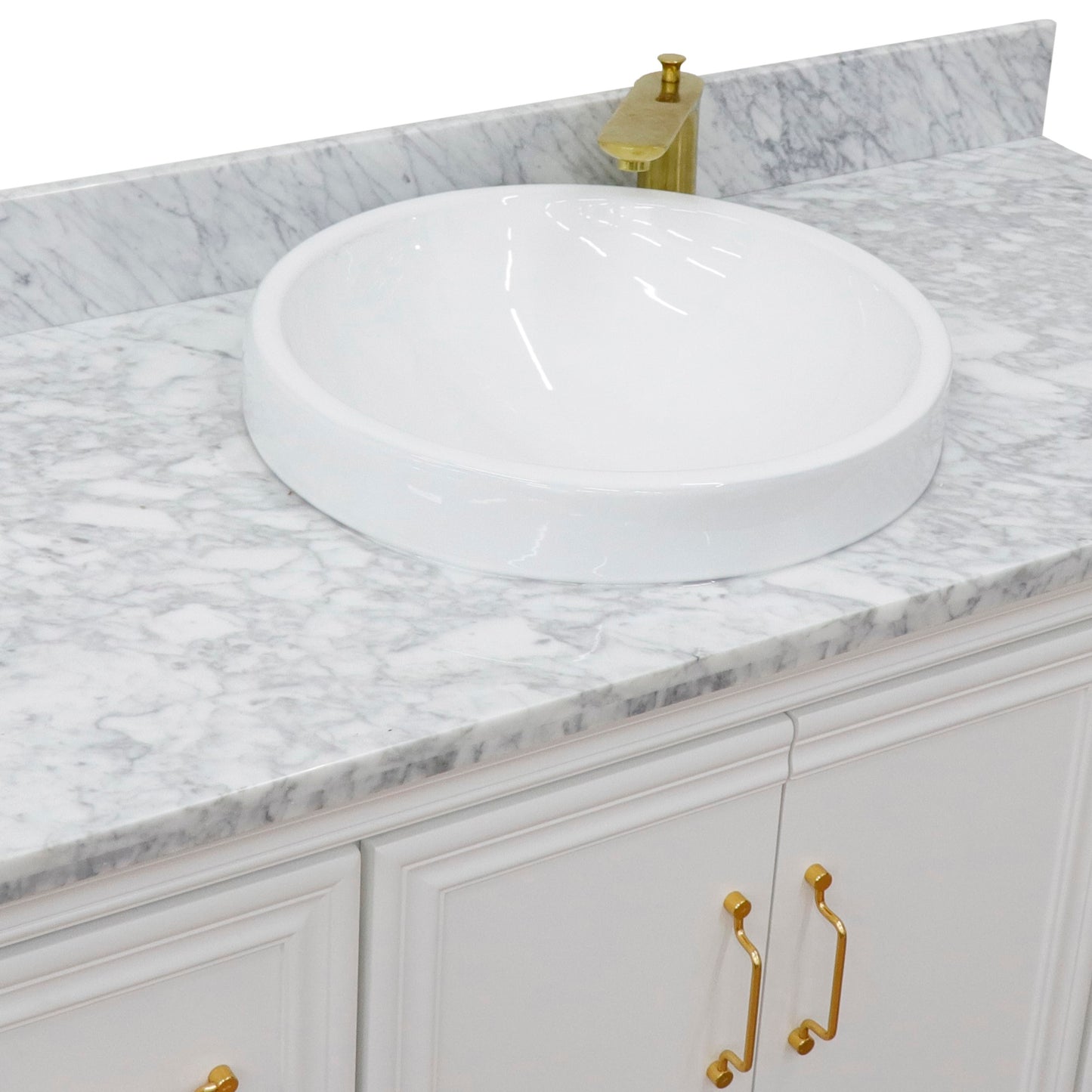 49" Single sink vanity in White finish with White carrara marble and round sink