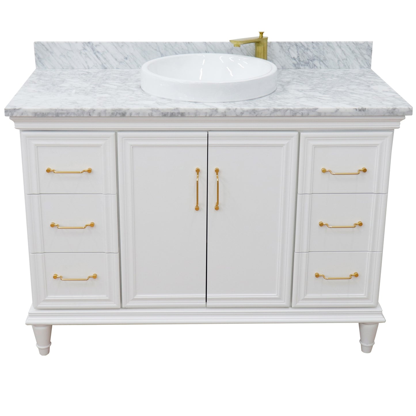 49" Single sink vanity in White finish with White carrara marble and round sink