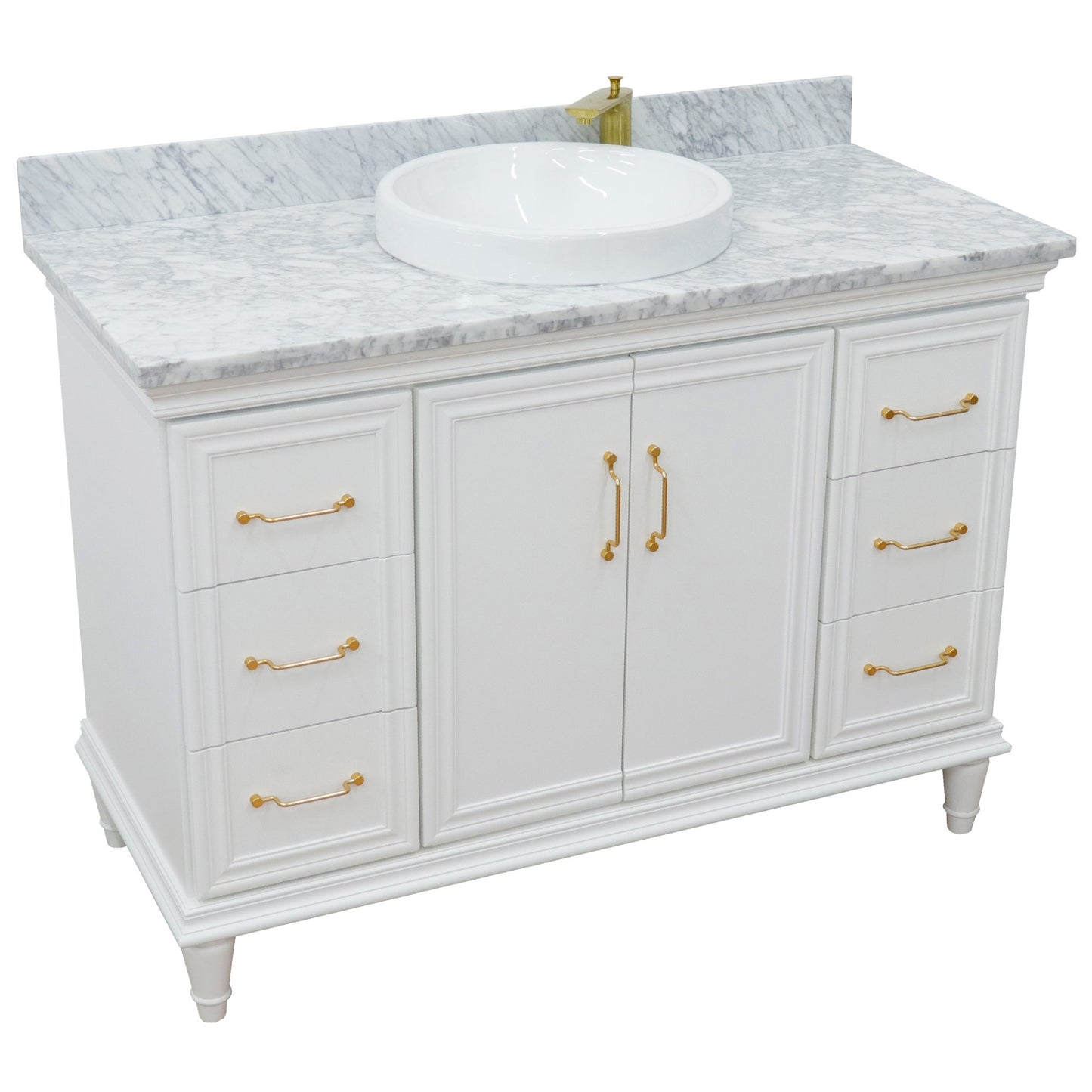 49" Single sink vanity in White finish with White carrara marble and round sink