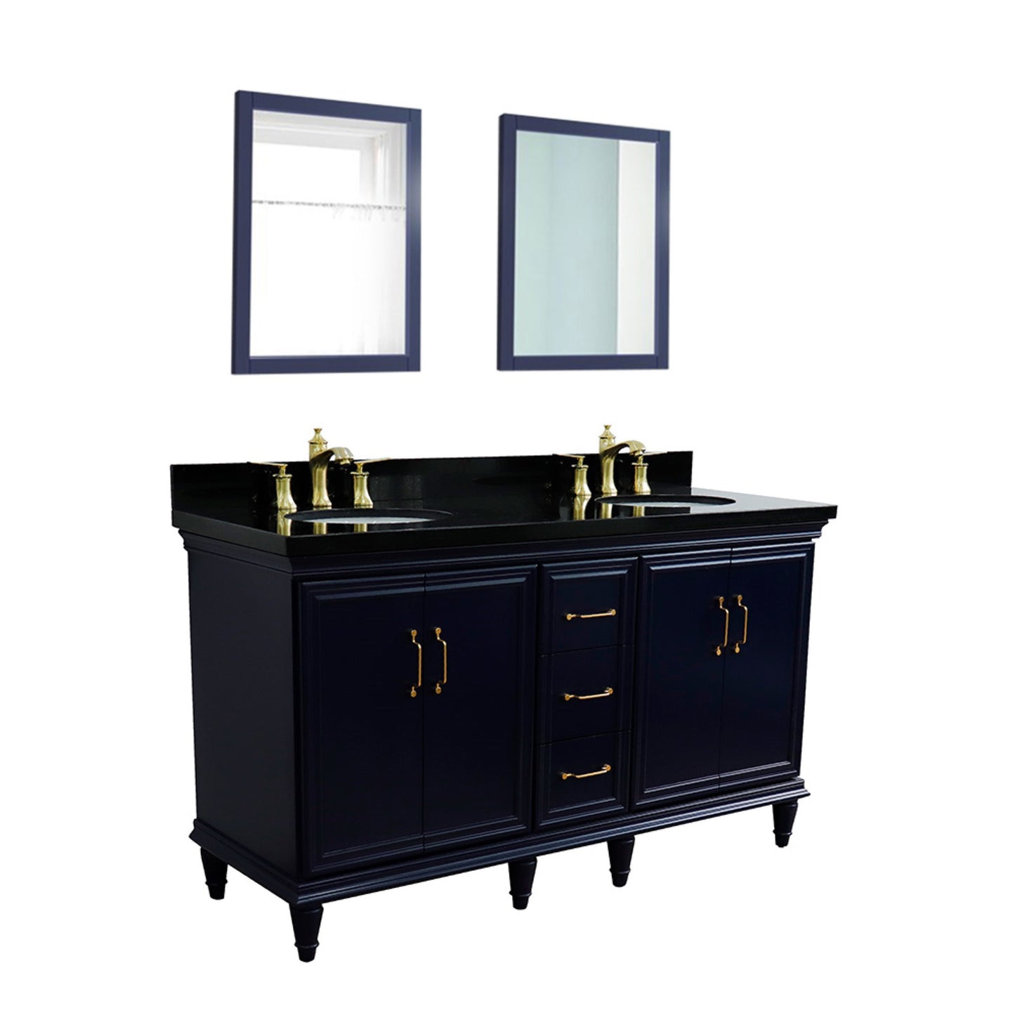 61" Double sink vanity in Blue finish and Black galaxy granite and oval sink