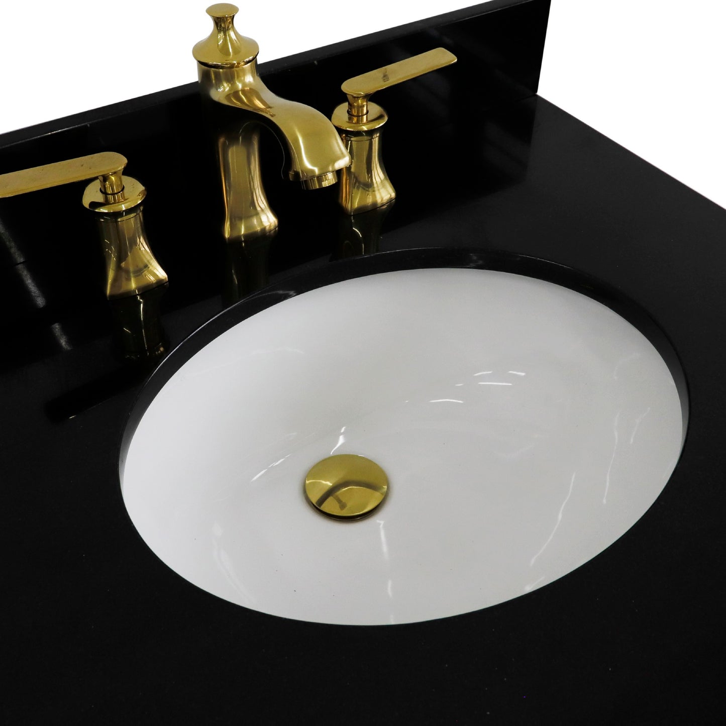 61" Double sink vanity in Blue finish and Black galaxy granite and oval sink