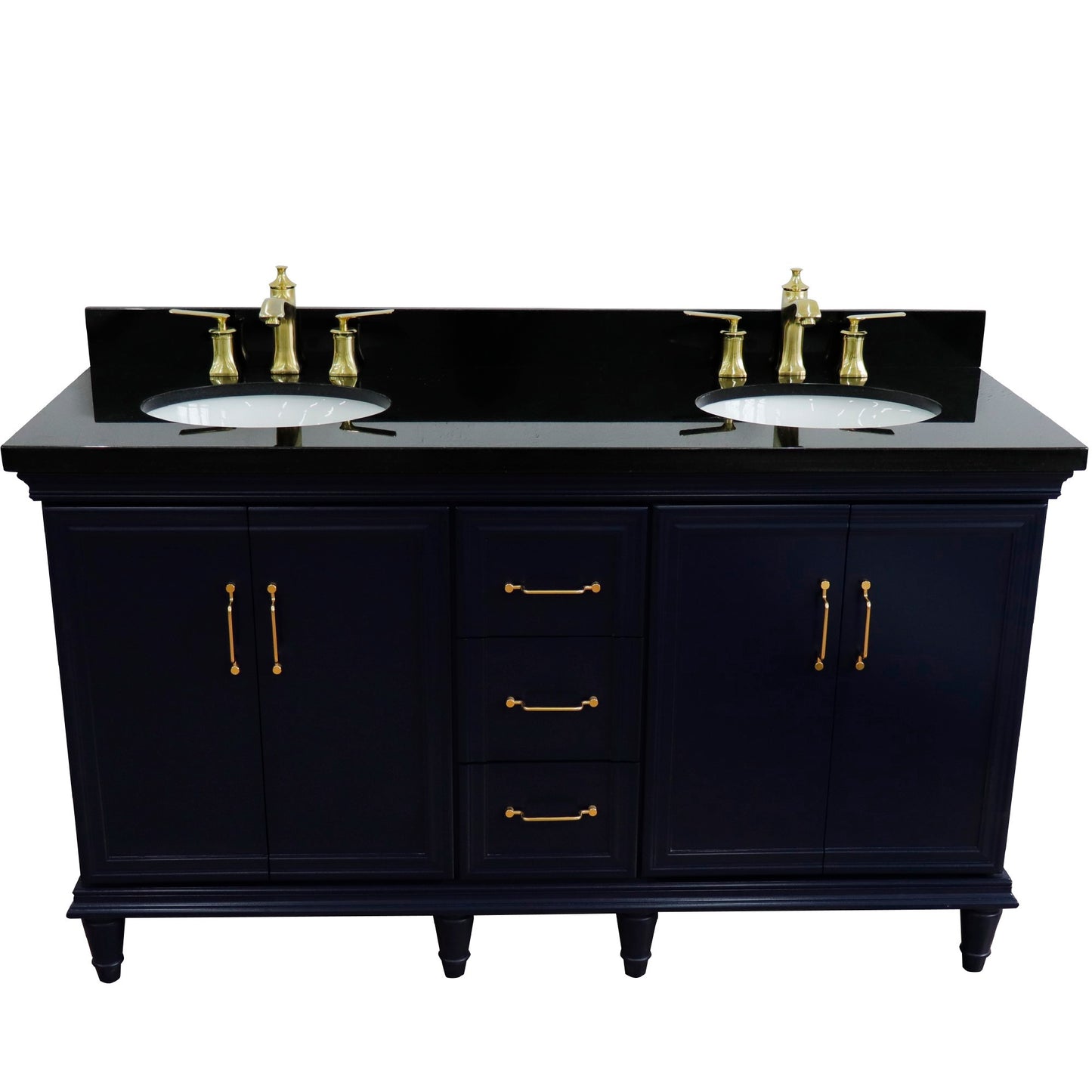 61" Double sink vanity in Blue finish and Black galaxy granite and oval sink