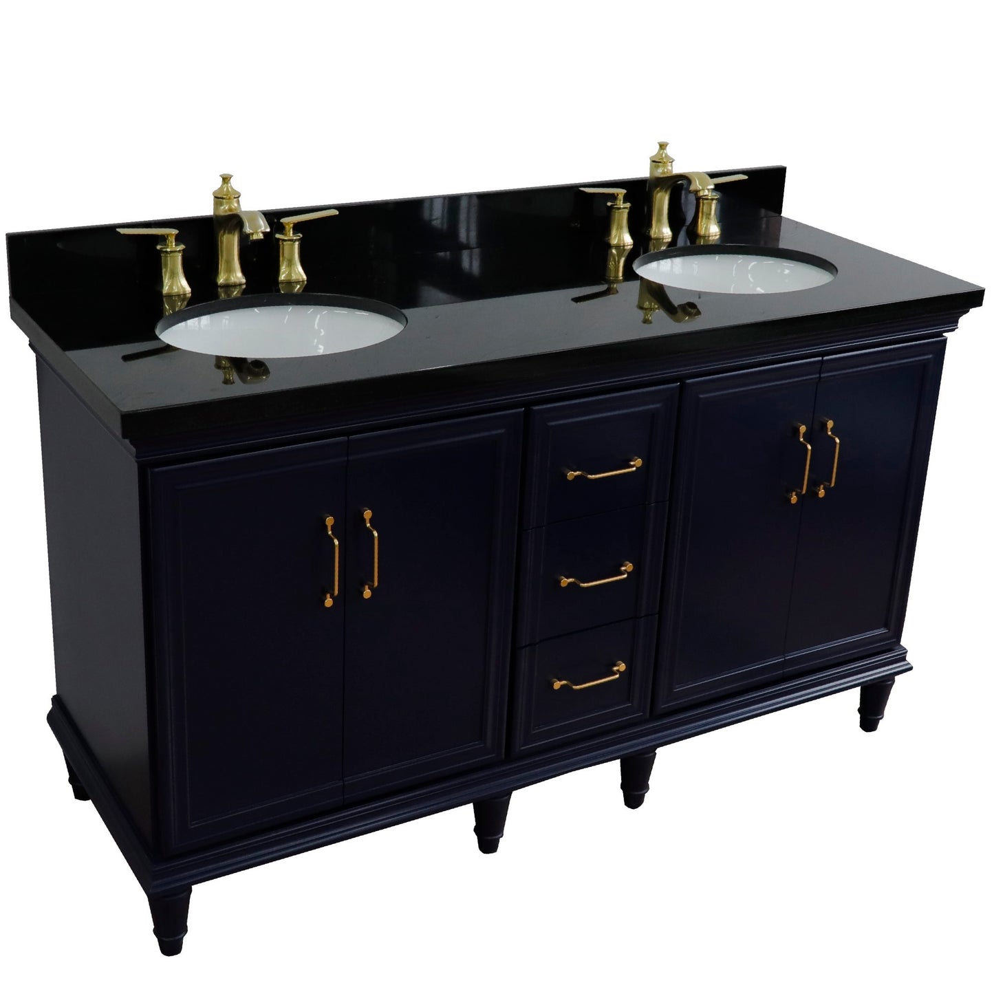 61" Double sink vanity in Blue finish and Black galaxy granite and oval sink