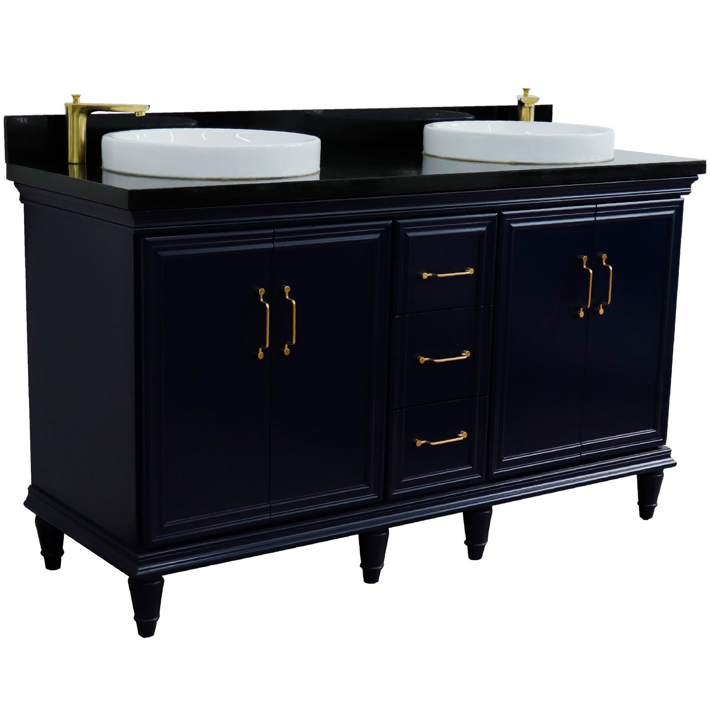61" Double sink vanity in Blue finish and Black galaxy granite and round sink