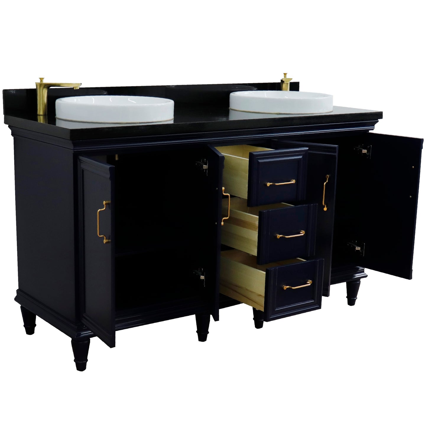 61" Double sink vanity in Blue finish and Black galaxy granite and round sink