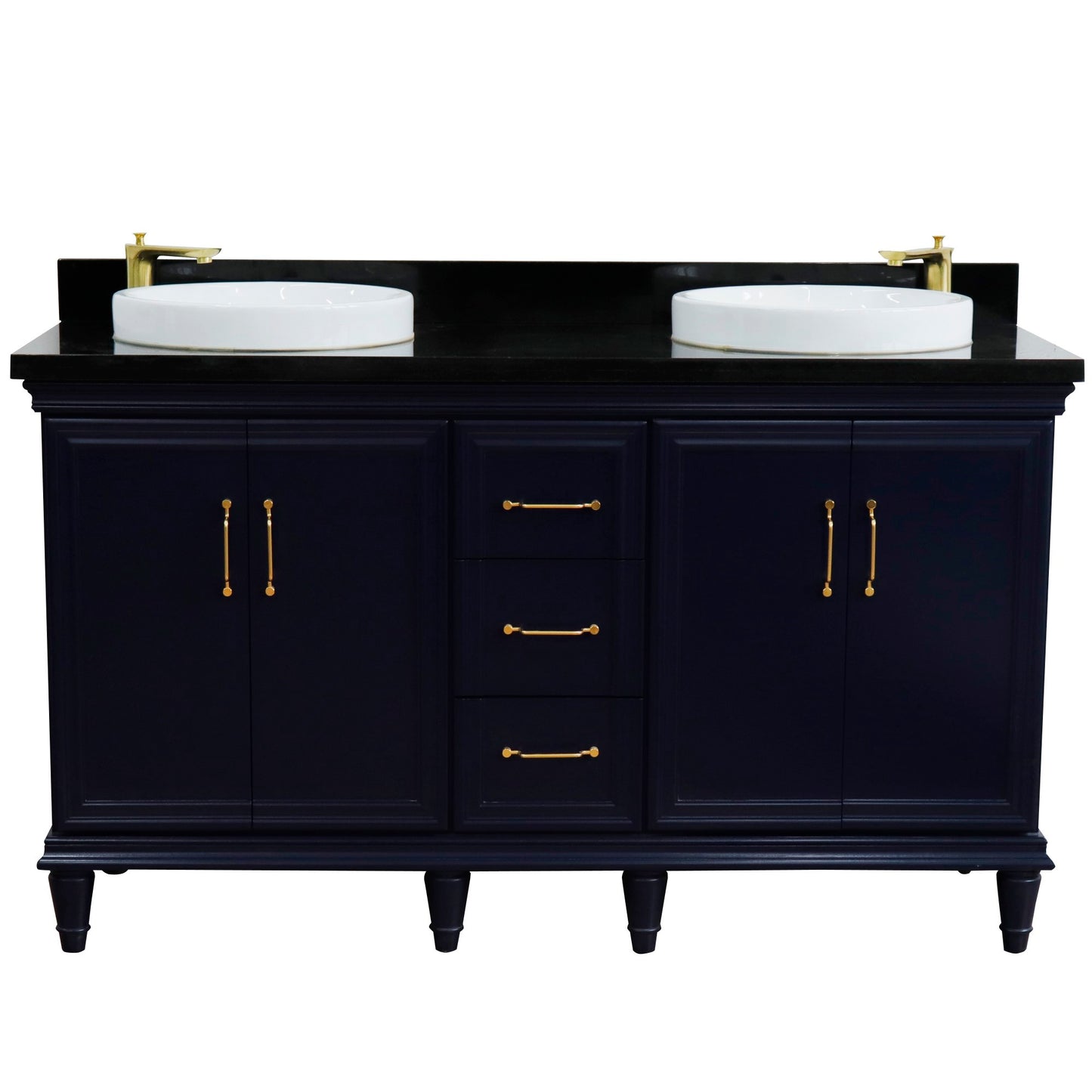 61" Double sink vanity in Blue finish and Black galaxy granite and round sink