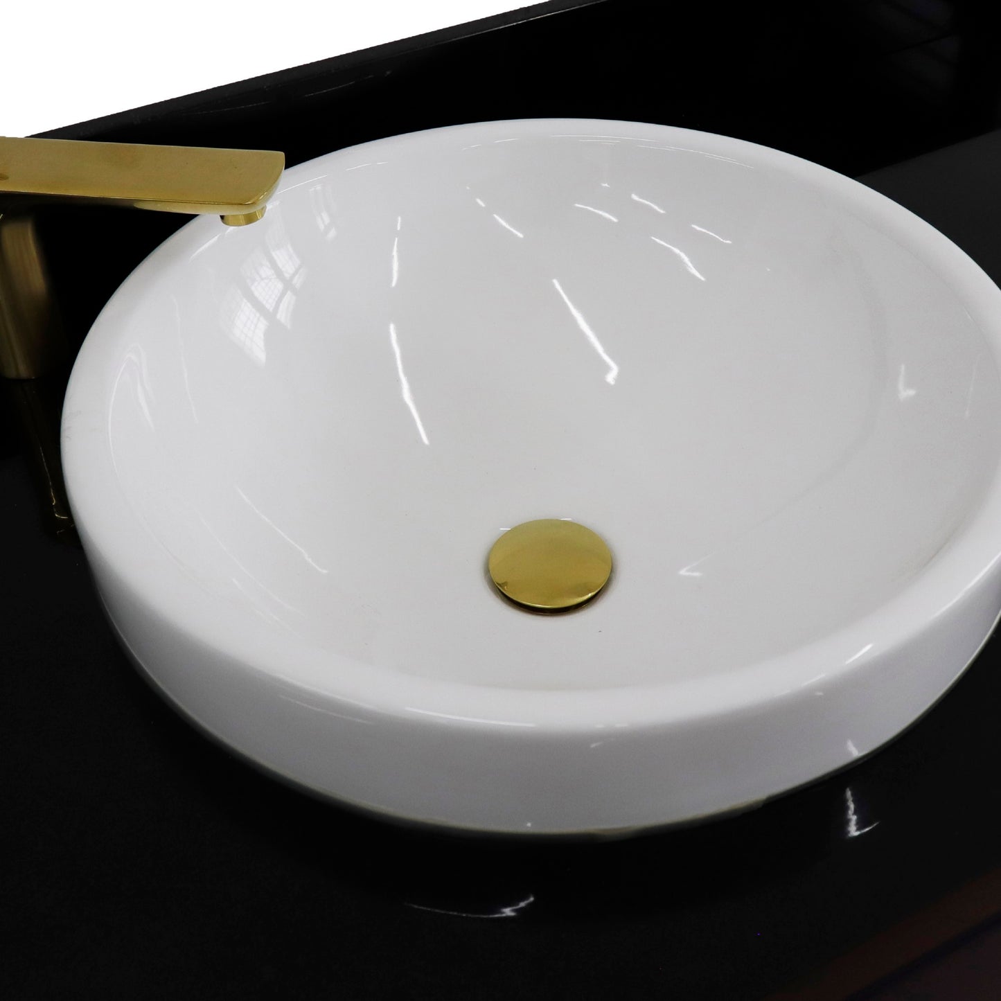 61" Double sink vanity in Blue finish and Black galaxy granite and round sink