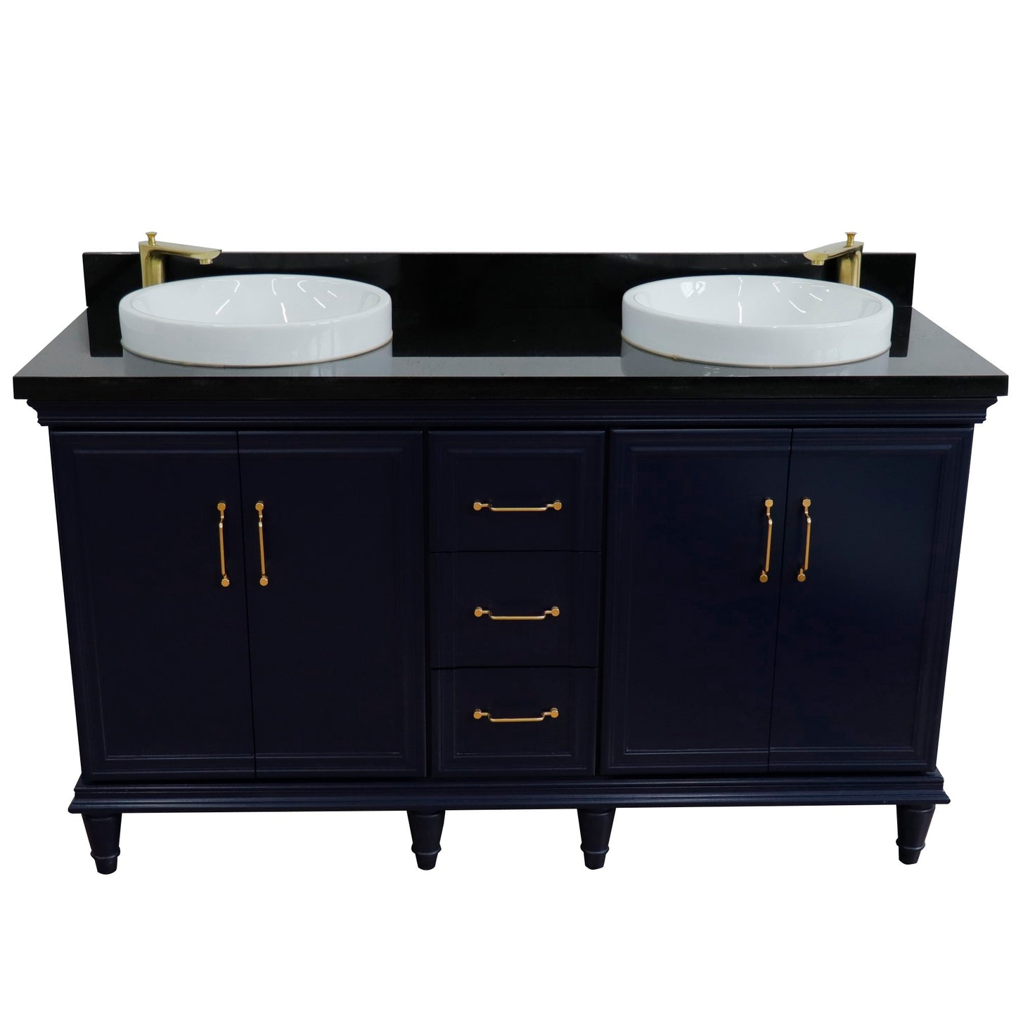 61" Double sink vanity in Blue finish and Black galaxy granite and round sink