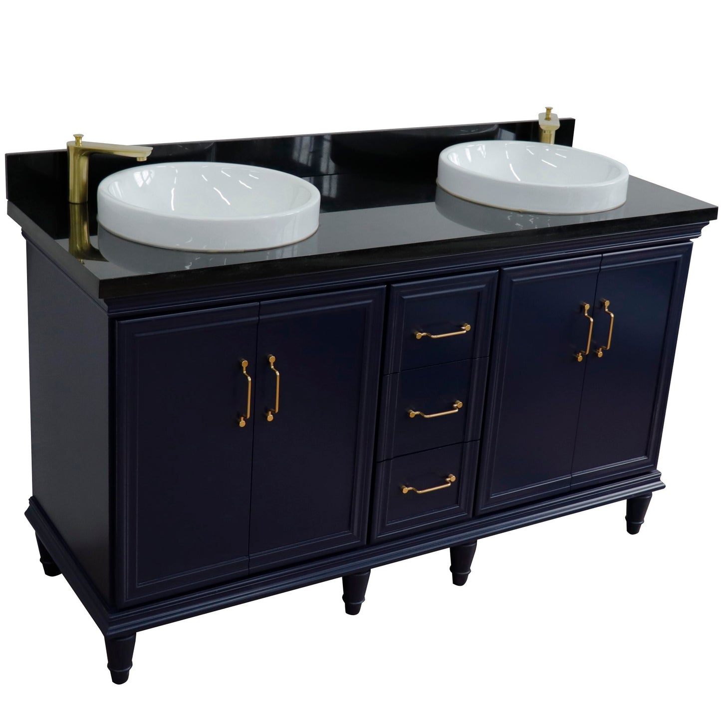 61" Double sink vanity in Blue finish and Black galaxy granite and round sink