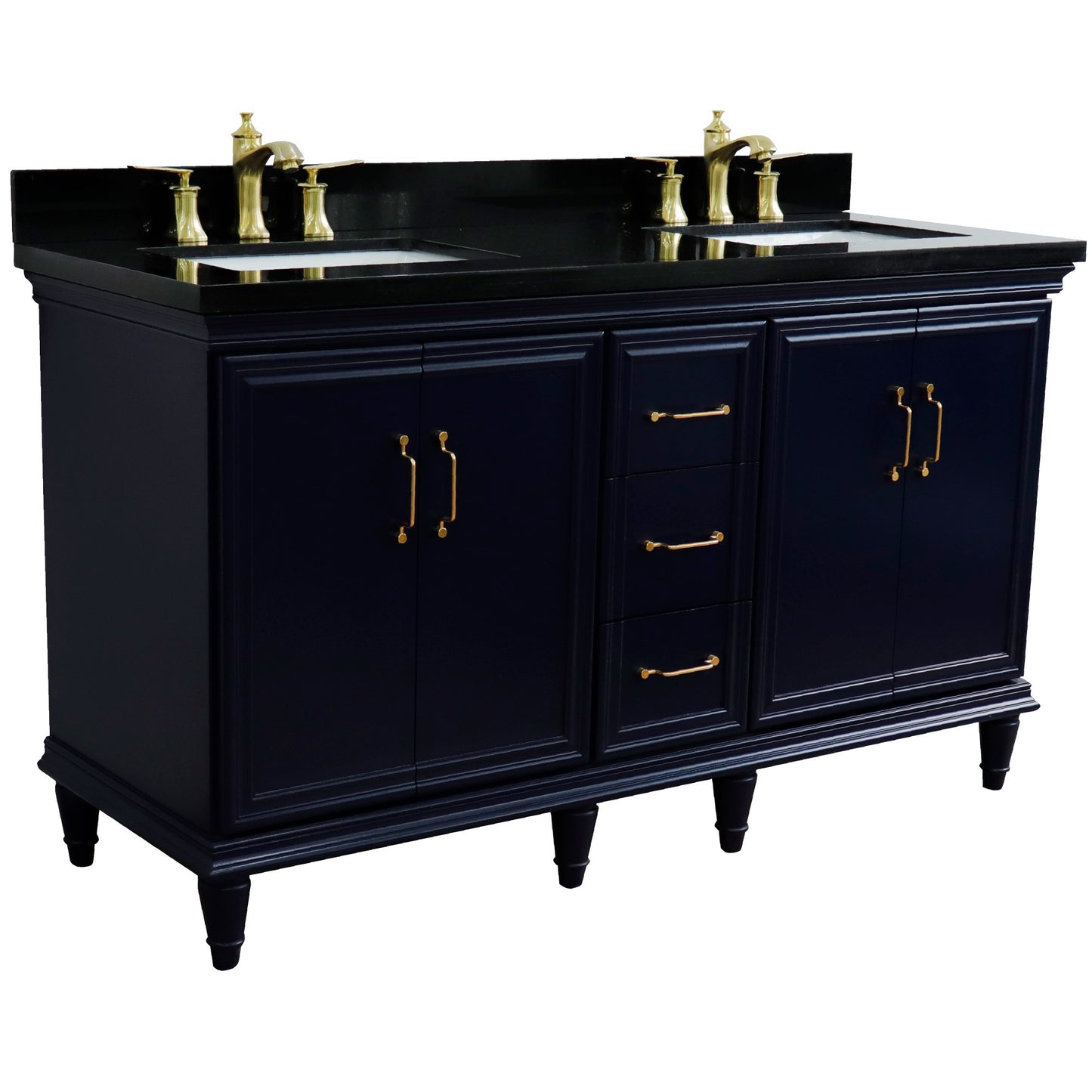 61" Double sink vanity in Blue finish and Black galaxy granite and rectangle sink