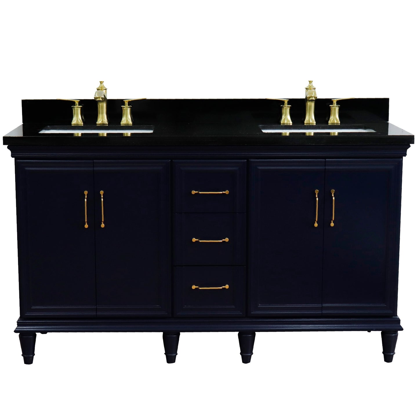 61" Double sink vanity in Blue finish and Black galaxy granite and rectangle sink