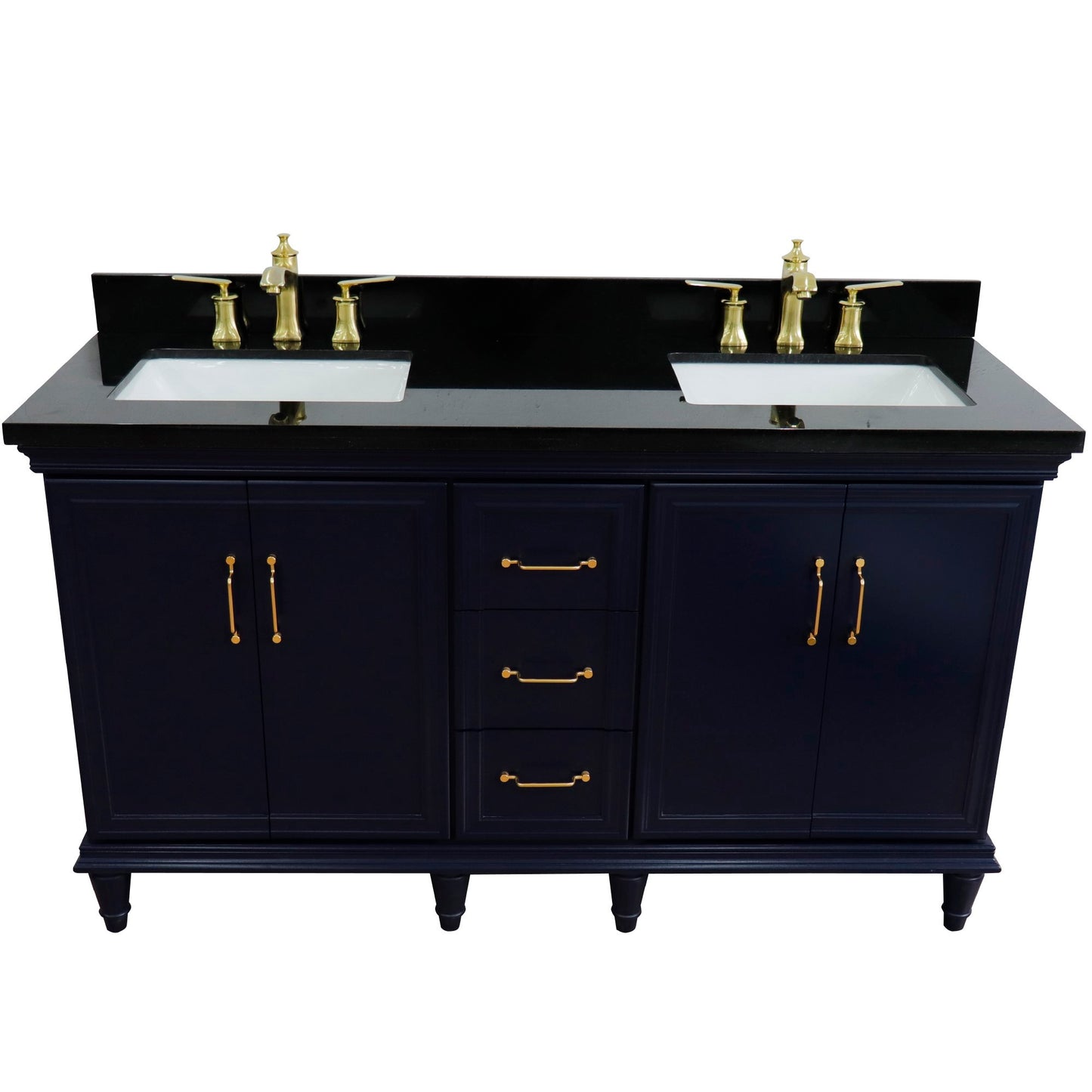 61" Double sink vanity in Blue finish and Black galaxy granite and rectangle sink