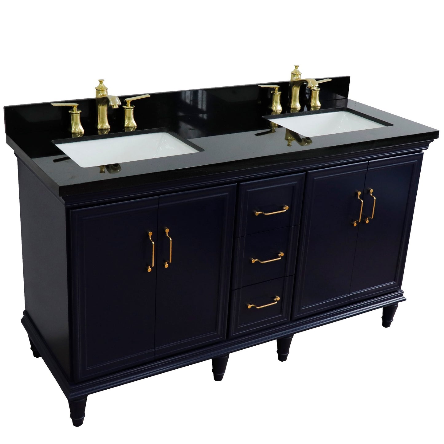 61" Double sink vanity in Blue finish and Black galaxy granite and rectangle sink