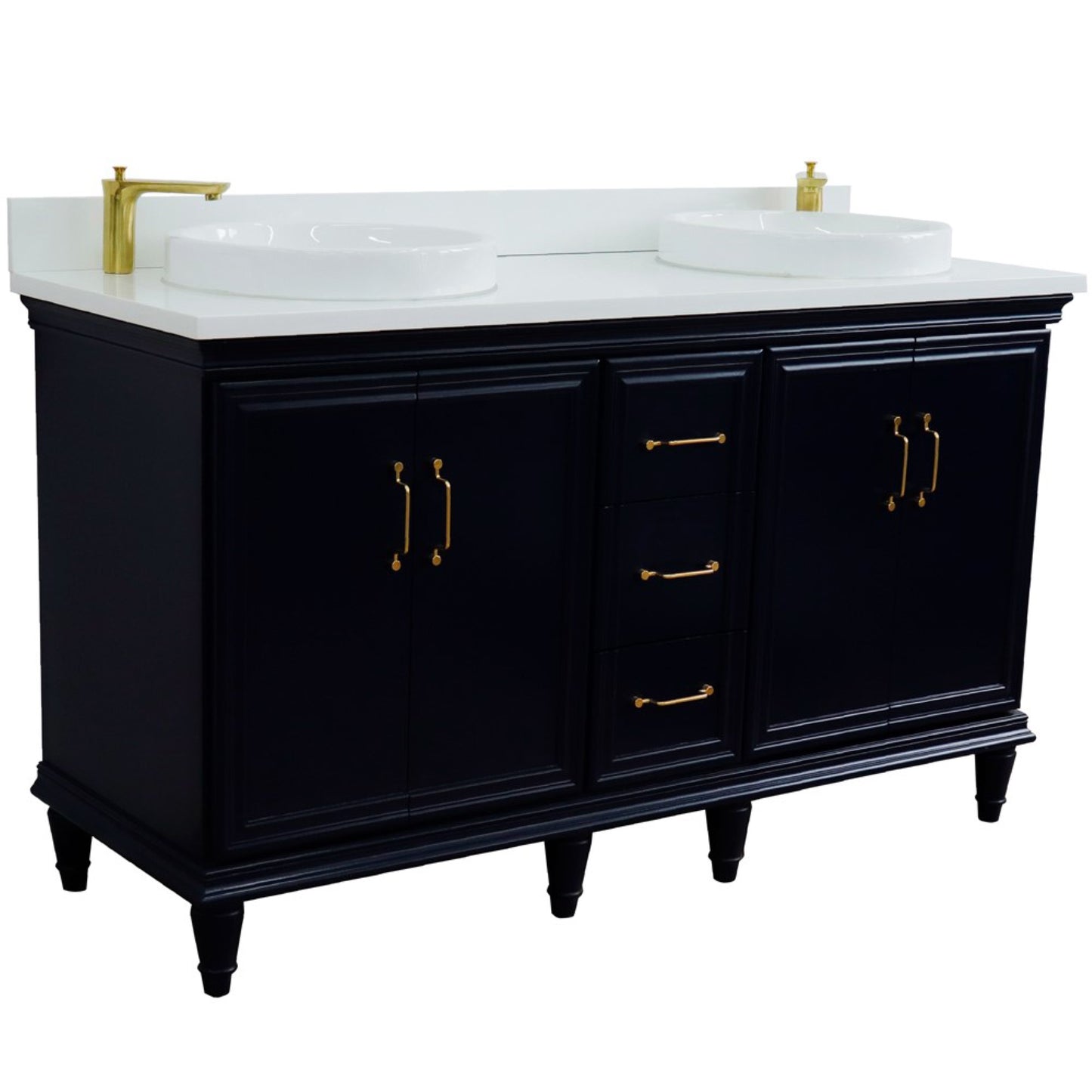 61" Double sink vanity in Blue finish and White engineered stone and round sink